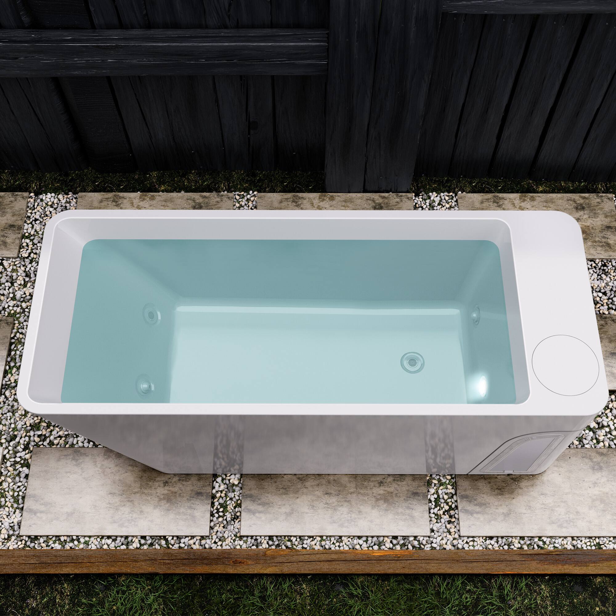 Left. Empava - All-in-one 77 in. x 31.5 in. Cold Plunge Bathtub 2 Jets Ice Bath Tub W/ Insulation Lid - Chiller - Heater in White - White.