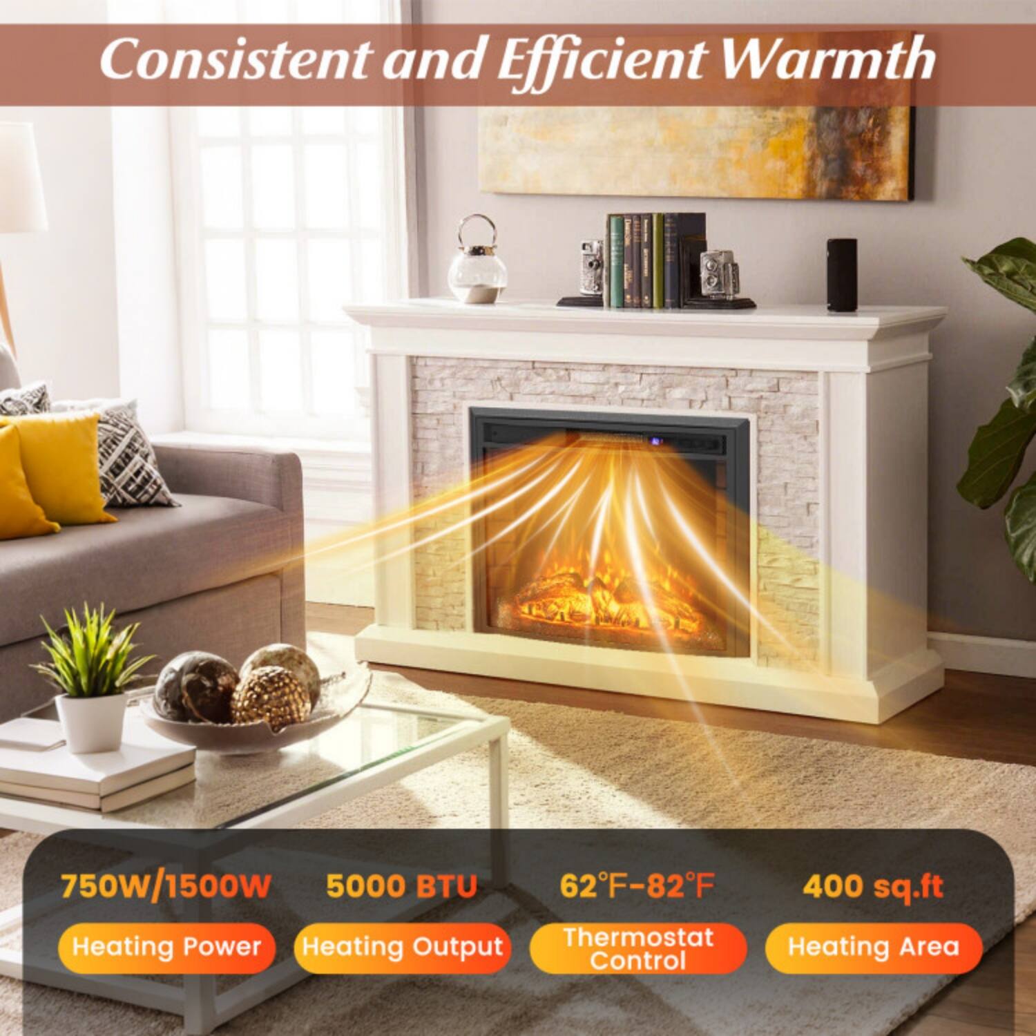 Consistent and Efficient Warmth

750W/1500W  
5000 BTU  
62°F-82°F  
400 sq.ft

Heating Power  
Heating Output  
Thermostat Control  
Heating Area