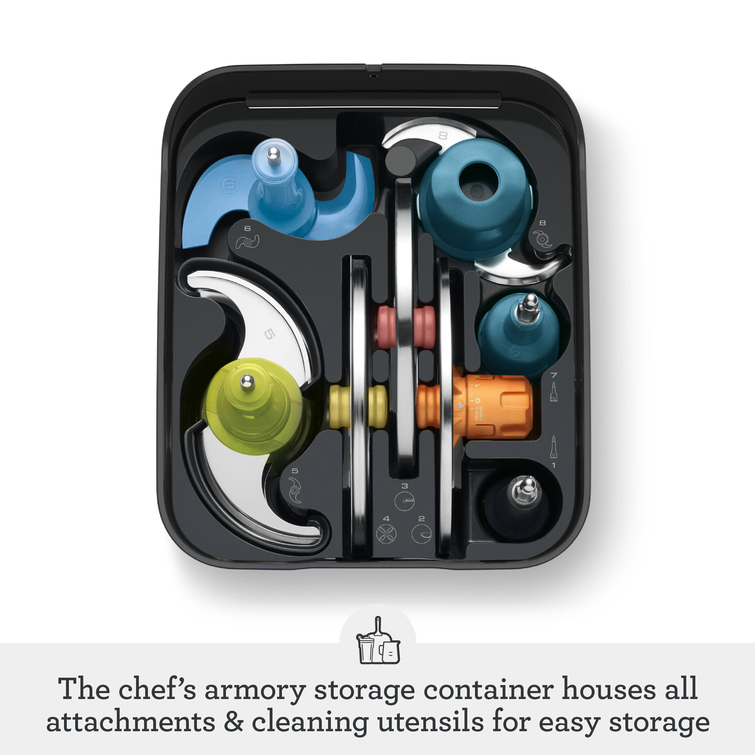 The chef's armory storage container houses all attachments & cleaning utensils for easy storage