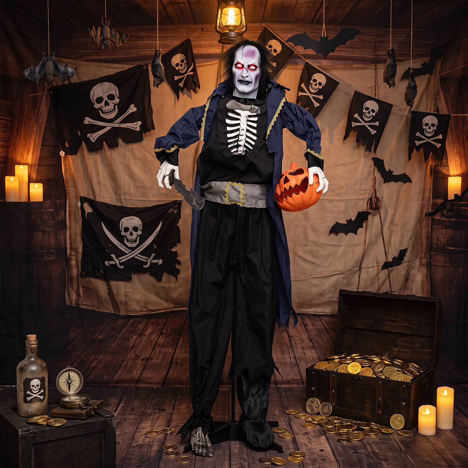 Alt View 5. Costway - Costway Life-size Dracula Captain Halloween Animatronics with Glowing Eyes, Creepy Sounds - Dark Blue.