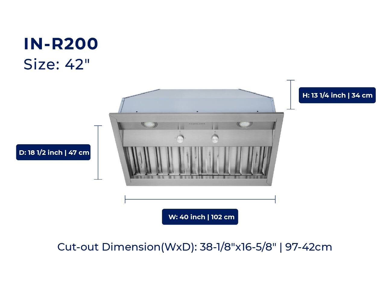 IN-R200  
Size: 42"  

H: 13 1/4 inch | 34 cm  
D: 18 1/2 inch | 47 cm  
W: 40 inch | 102 cm  

Cut-out Dimension (WxH): 38-1/8" x 16-5/8" | 97-42 cm