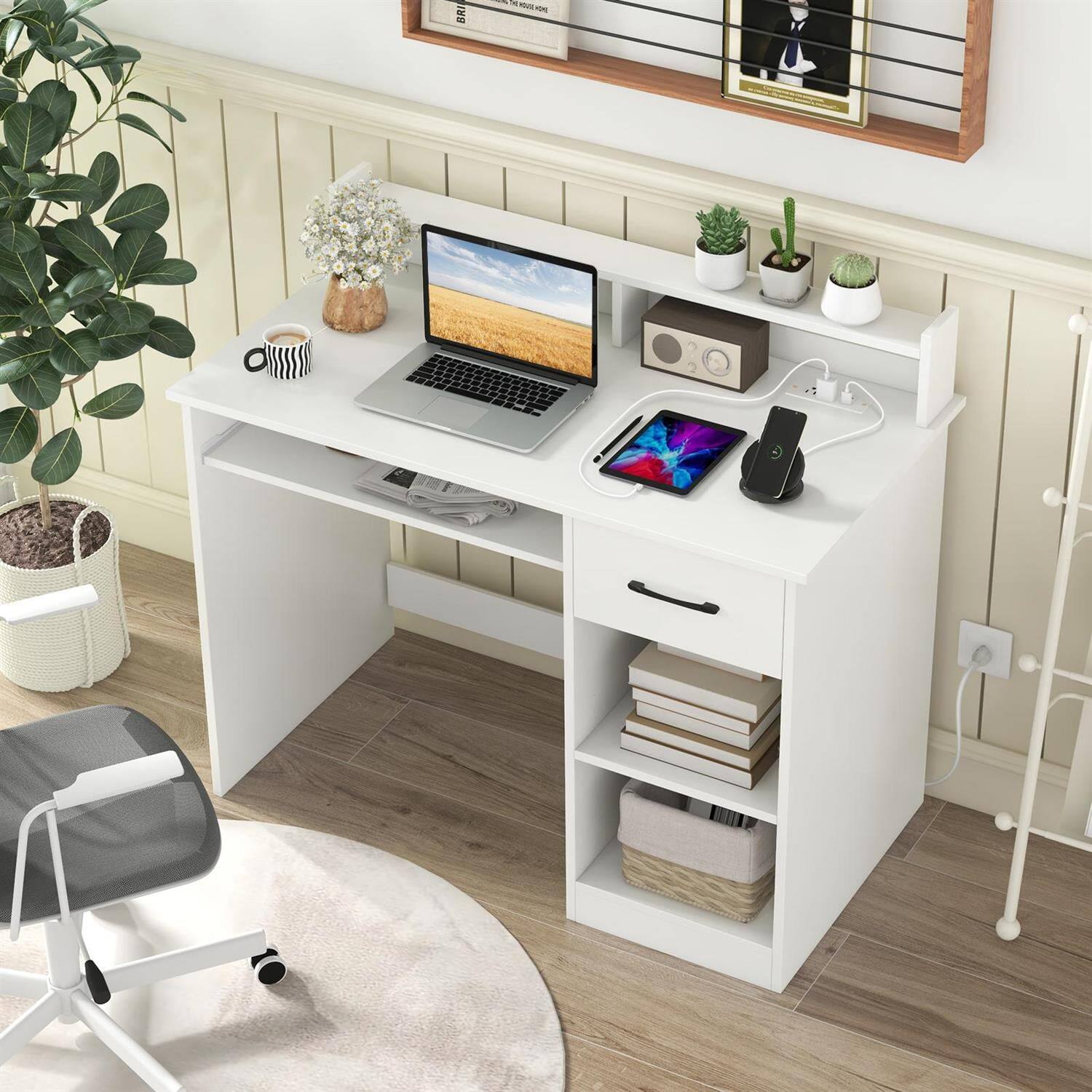 Left. Pefilos - White Home Office Desk - with Charging Station Reinforced Crossbar, Keyboard Tray Adjustable Shelf, White - White.