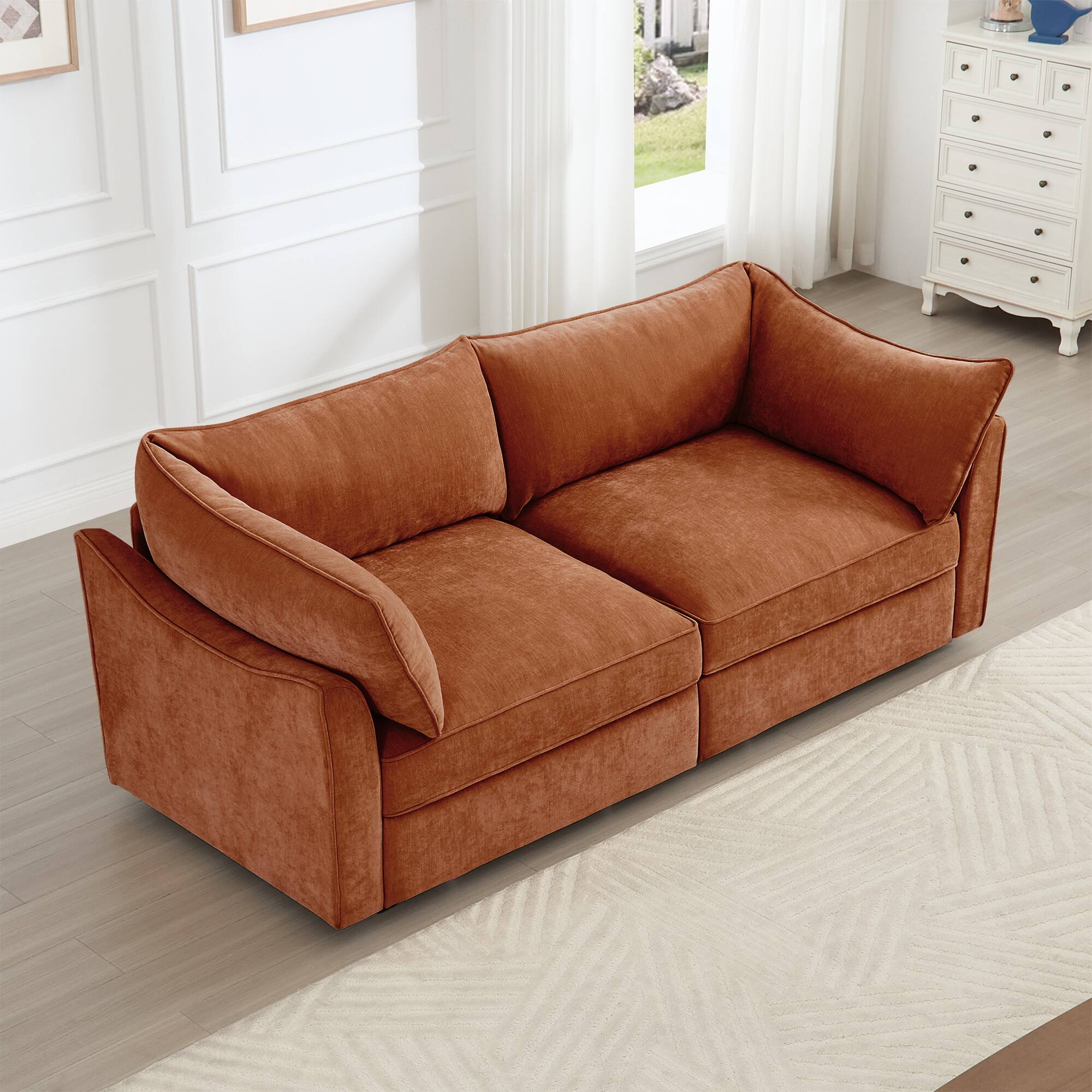 Angle. Aukfa - 2-Seater Sofa with Pull-Out Storage Drawers - Crescent-Shaped Armrests, Chenille Fabric, Wraparound Cushions - Orange.