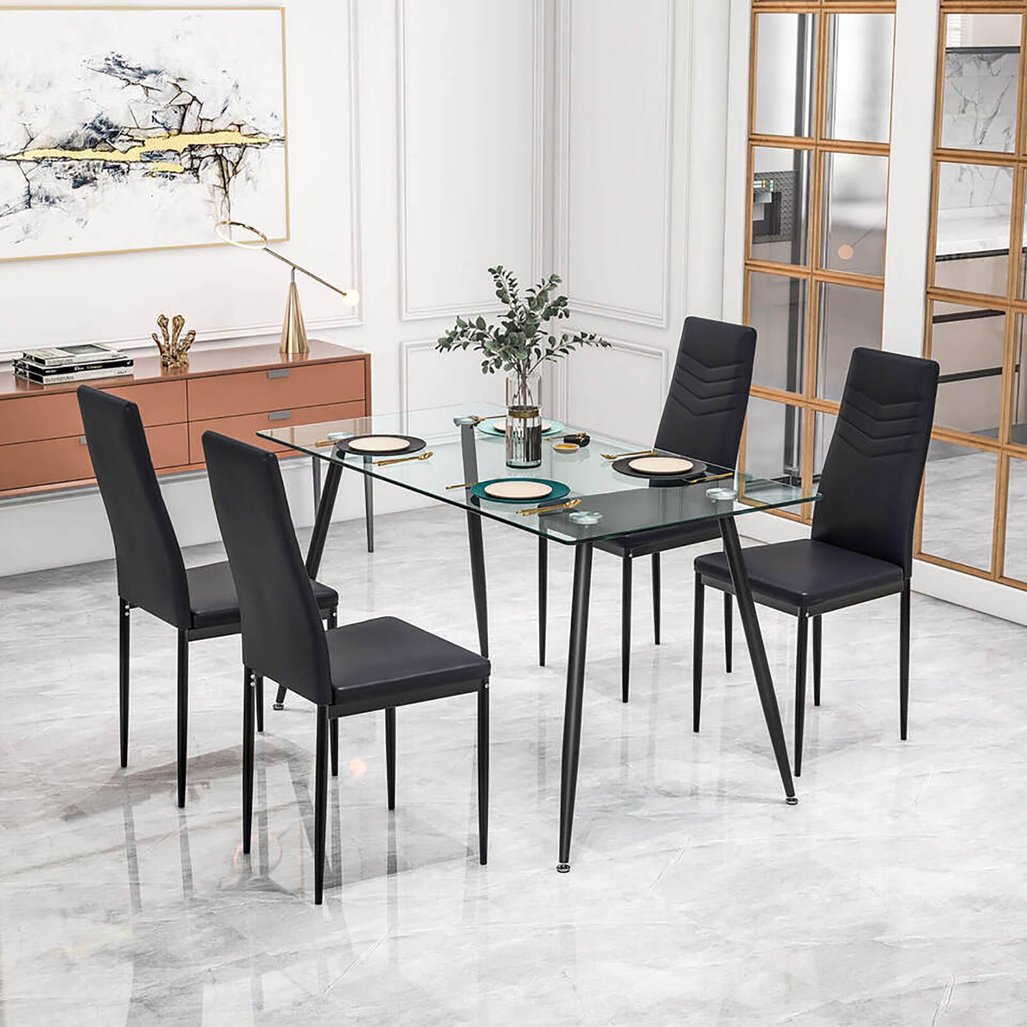 Alt View 3. Gymax - Gymax 5 PCS 51'' Rectangle Dining Set 0.3'' Thick Glass Table w/ 4 Padded Dining Chairs - Black.