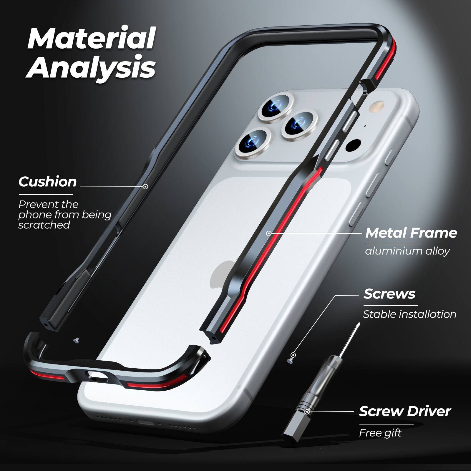 Material Analysis

Cushion
Prevent the phone from being scratched

Metal Frame
aluminium alloy

Screws
Stable installation

Screw Driver
Free gift