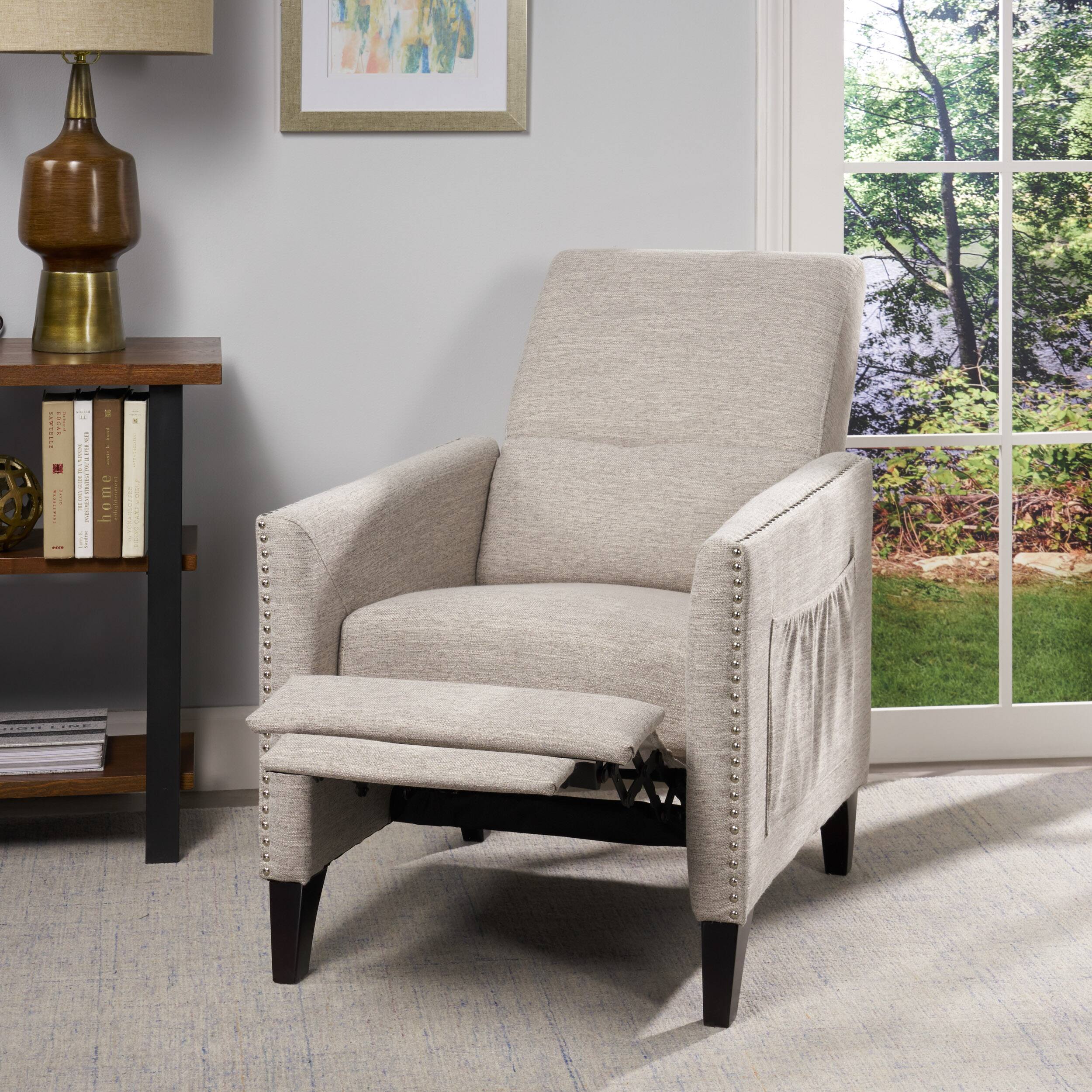 Left. TinyHomie - Pushback Recliner Chair Push Back Recliner with Rivet Decoration Mid Century Accent Chair for Living Room Bedroom - Gray.