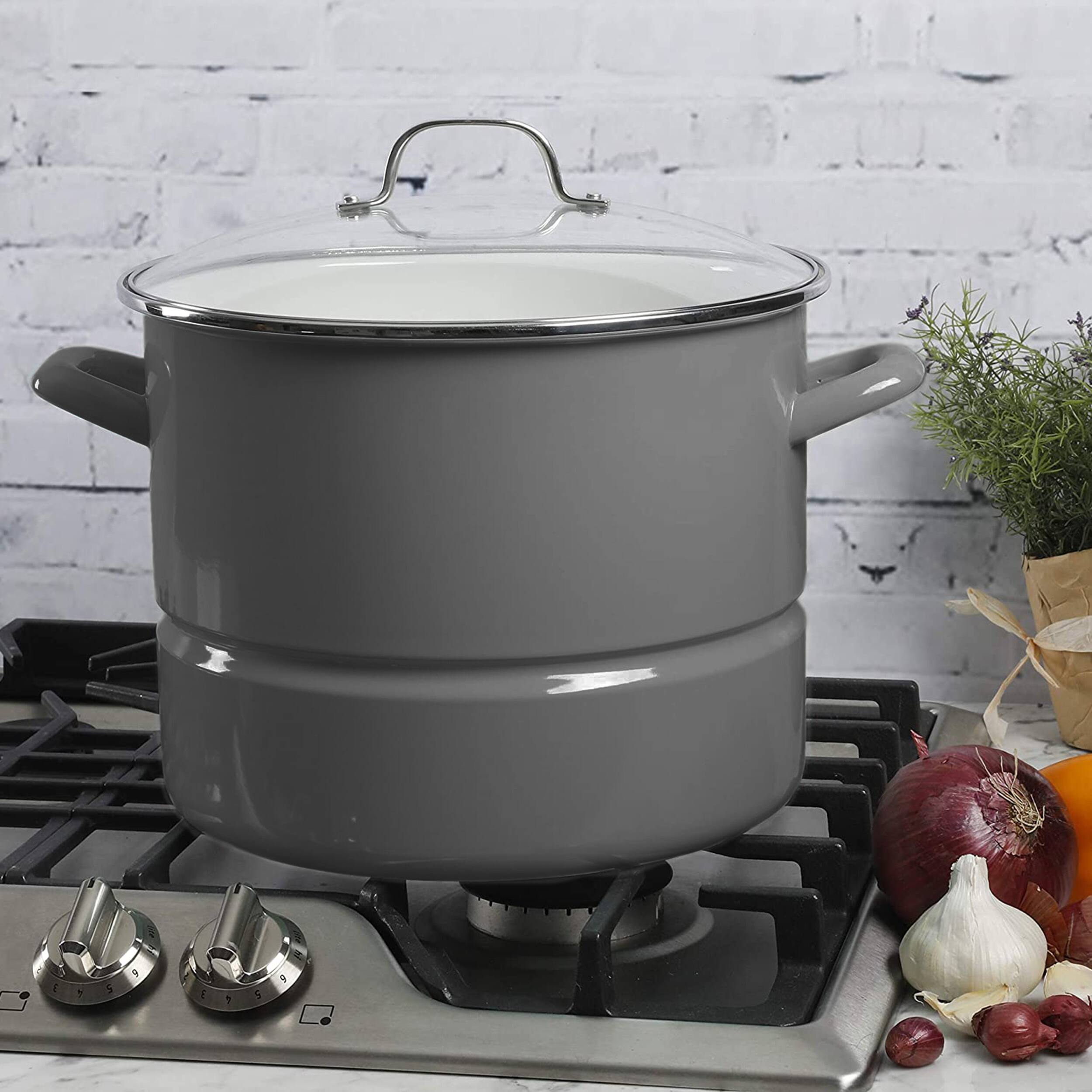 Alt View 4. Kenmore - Kenmore 16 Quart Enamel On Steel Stock Pot With Steamer and Lid in Graphite Grey - Grey.