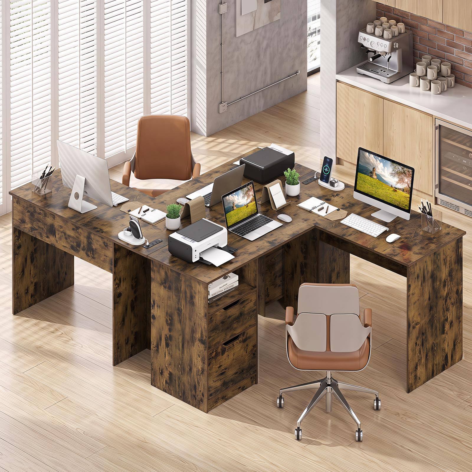 Alt View 5. Costway - Costway 59" L-Shaped Executive Desk with Power Outlets, Drawers & Bookshelf for Working - Rustic Brown.