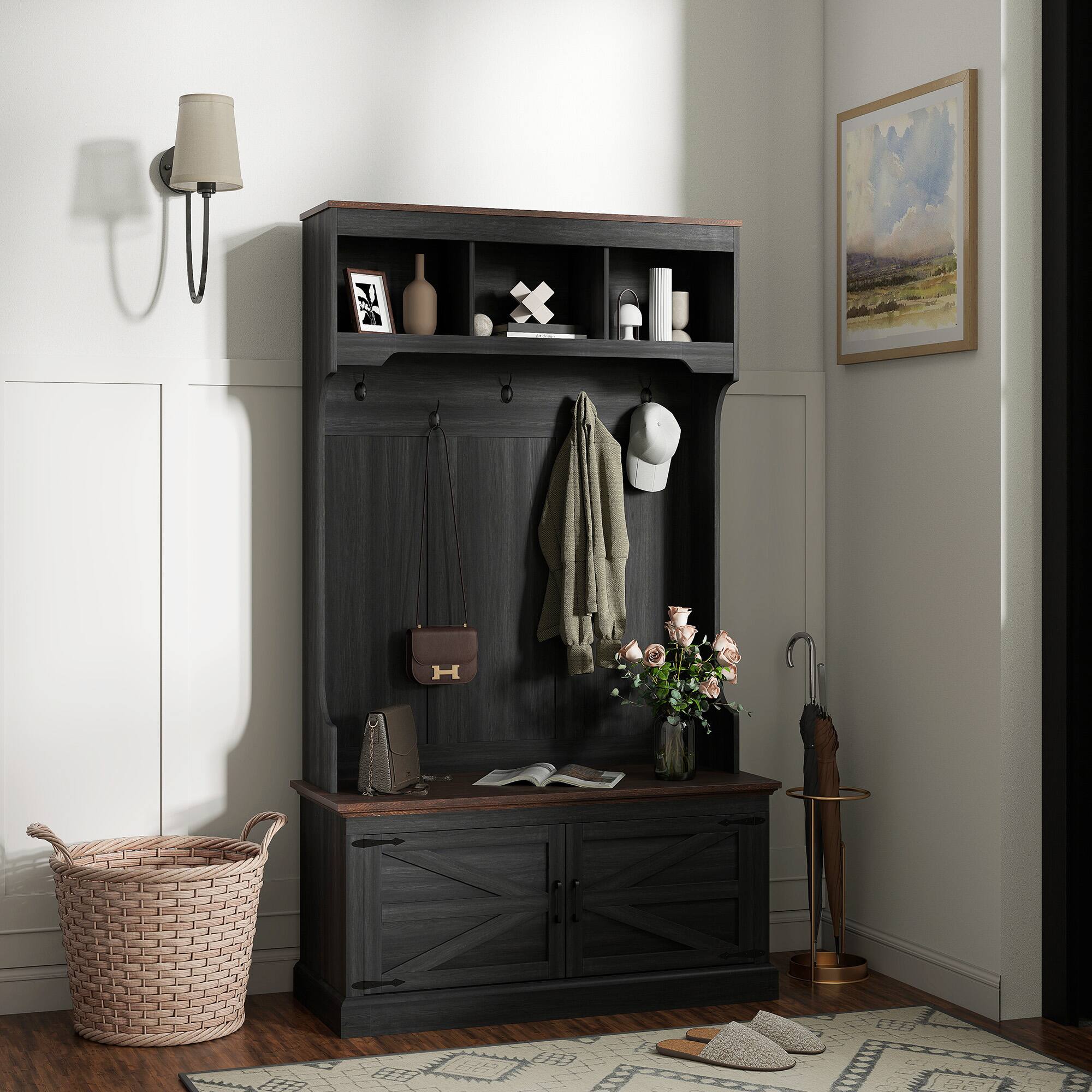 Alt View 1. Homcom - Hall Tree with Shoe Storage, Coat Rack with Bench, Entryway Furniture with Five Hooks - Black.