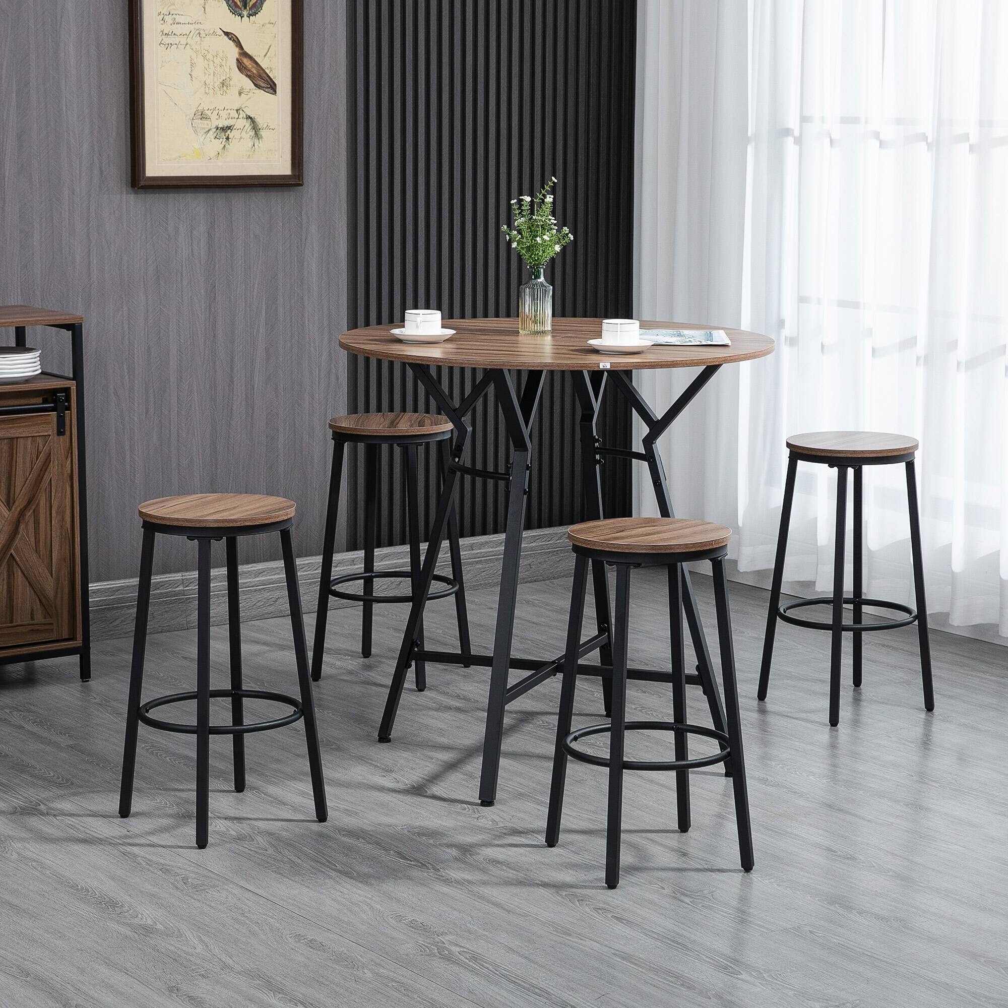 Alt View 1. Homcom - Industrial 5-Piece Bar Table and Chairs Set, Space Saving Dining Table with 4 Stools for Pub and Kitchen - Brown.