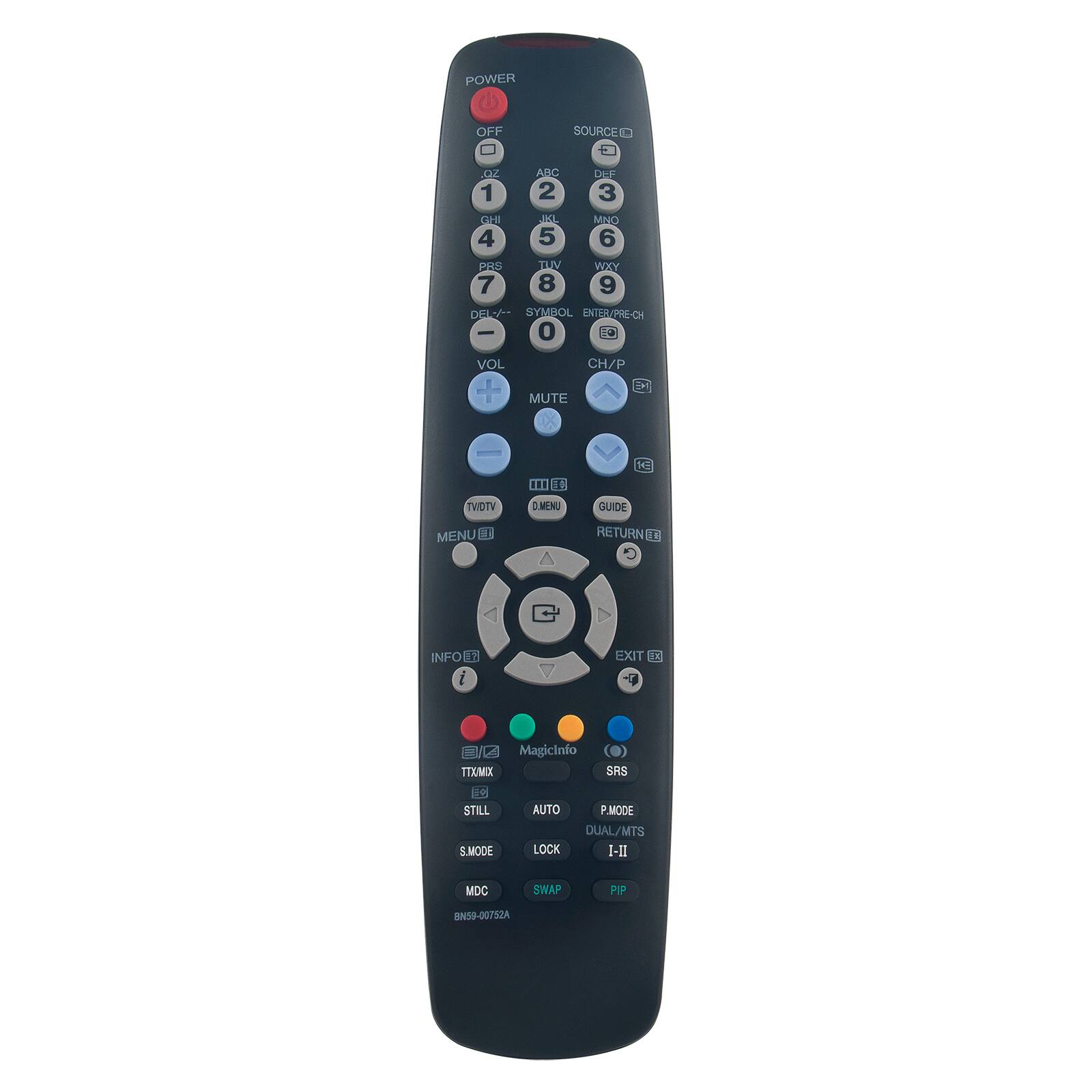 POWER OFF SOURCE ABC DEP 1 2 3 GHI JMS MNO 4 5 6 PHS TUV WIY 7 8 9 DE y SYMBOL ENTER/PRE-C I 0 a VOL CH/P MUTE IX - . . 1 TVDTV DMENU GUIDE MENU  RETURN 14 INFO  11 i EXIT 1H Magicinfo TTAMIX SRS B9 STILL S.MODE AUTO P.MODE DUAL/MTS LOCK I-II MDC SWAP PIP BN59-00752A