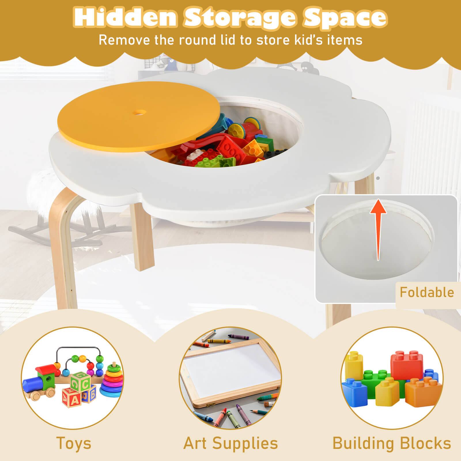 Hidden Storage Space  
Remove the round lid to store kid's items  

Foldable  

Toys  
Art Supplies  
Building Blocks