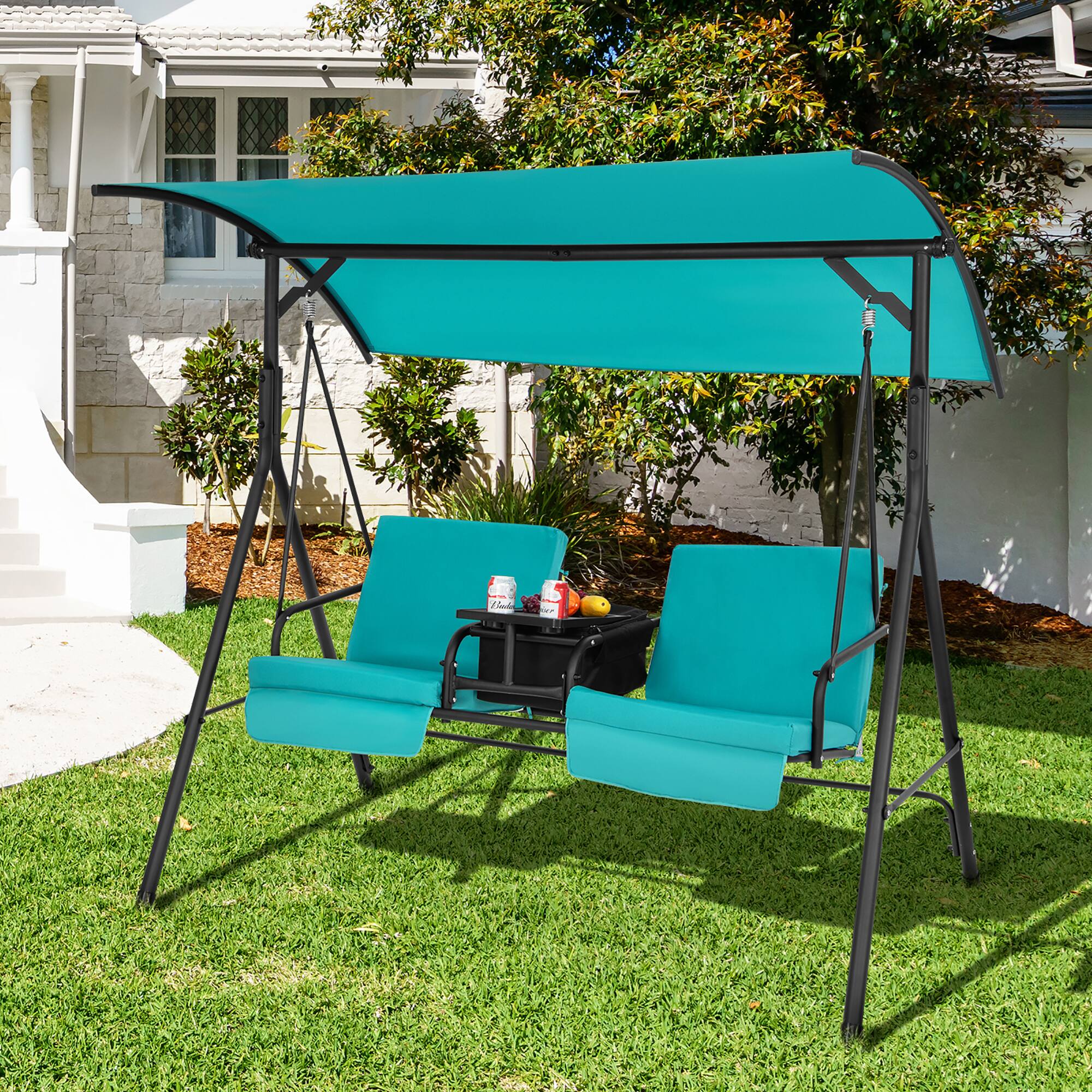 Alt View 2. Costway - Costway 2-Person Canopy Porch Swing Padded Chair Cooler Bag Rotatable Tray - Turquoise.