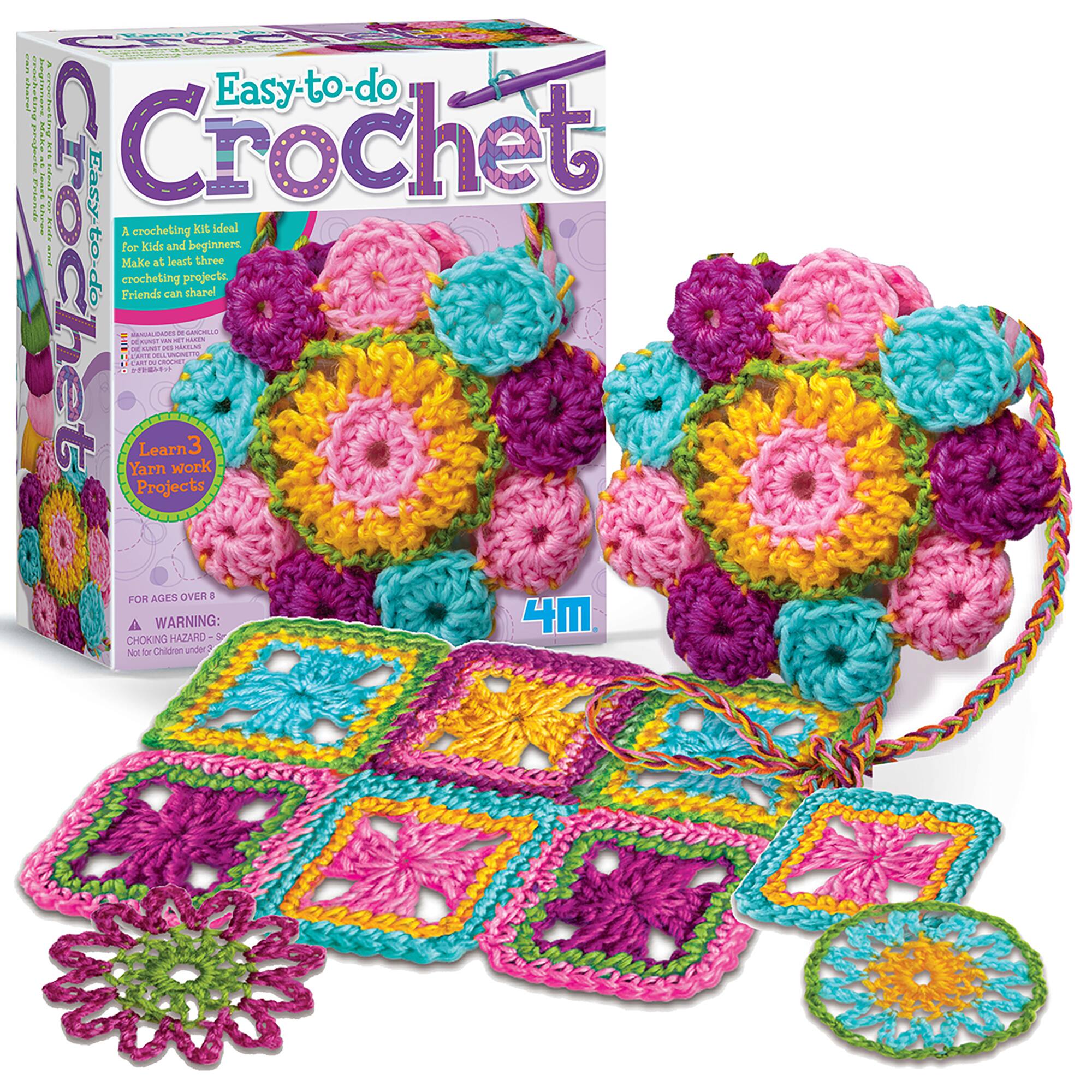Easy-to-do Make Crochet Friends crocheting kit ideal for kids and beginners. Learn to crochet with this kit, which includes yarn and instructions for at least three crochet projects. The kit is suitable for ages over 4, but a warning is provided that it may pose a choking hazard for children under 4.