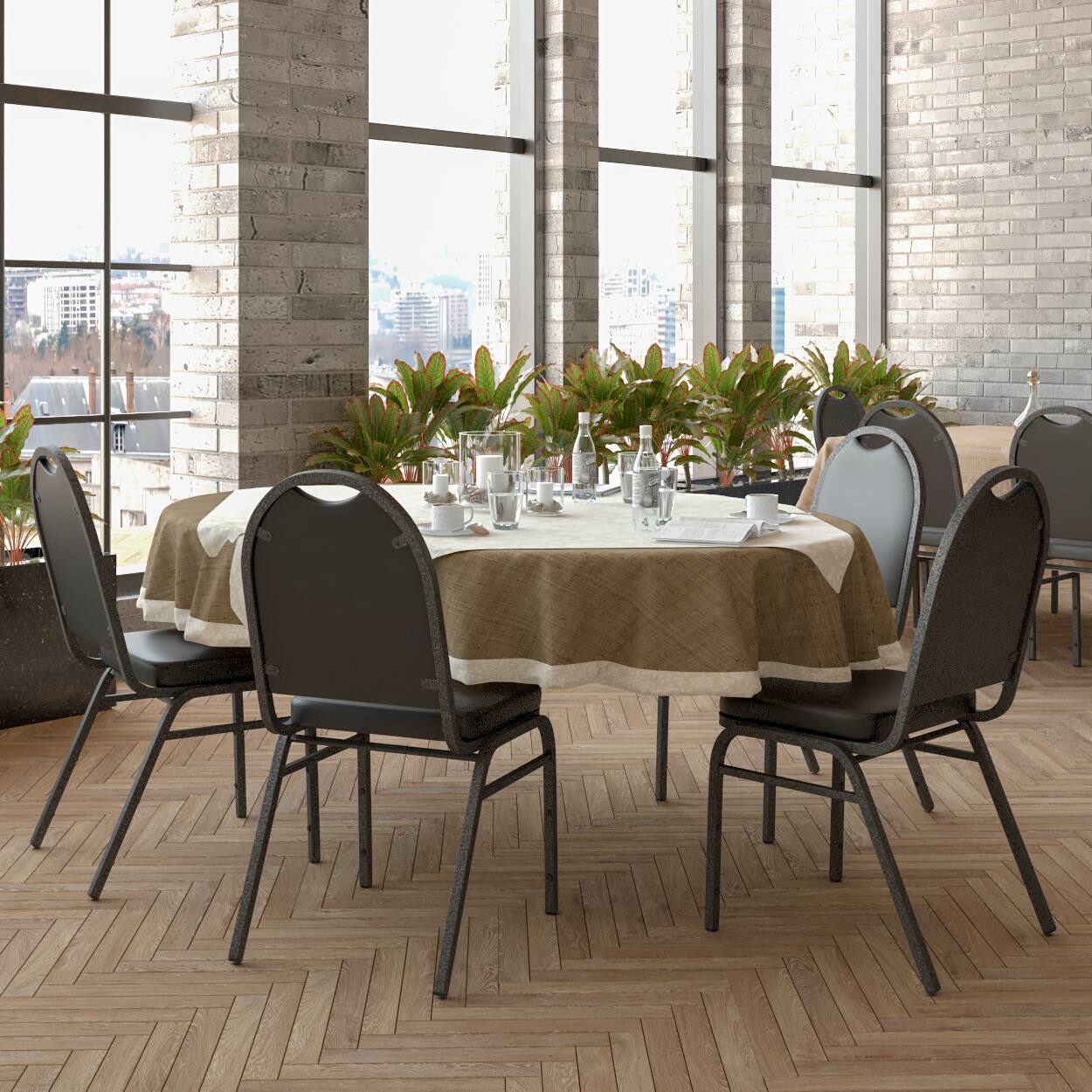 Alt View 2. Emma + Oliver - Dymoke Versatile Dome Back Stacking Banquet Chair - Black Vinyl/Silver Vein Frame.