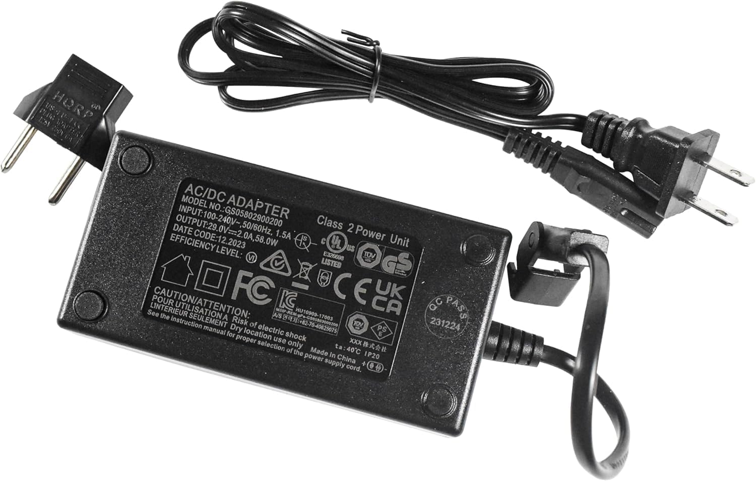 st PLN US HORP en MODEL AC/DC INPUT: 100-240V~, 50/60Hz. NO. ADAPTER DATE OUTPUT: 29.0V, 1.5A, 58.0W 1.5A C Power Unit EFFICIENCY LEVEL: US JV E326698 TOV LISTED POUR CAUTION/ATTENTION: FC KC CE CA UK See LINTERIEUR the UTILISATIONA A/S MAMP PEN HU10909-17003 17003 instruction SEULEMENT Dry Risk of :+82-70-40625075 5e5863669204 70-40625075 T0V manual electric PS for proper location use shock E selection only XXX of ta 40C the Made In IP20 power supply China + cord. QC PASS 231224