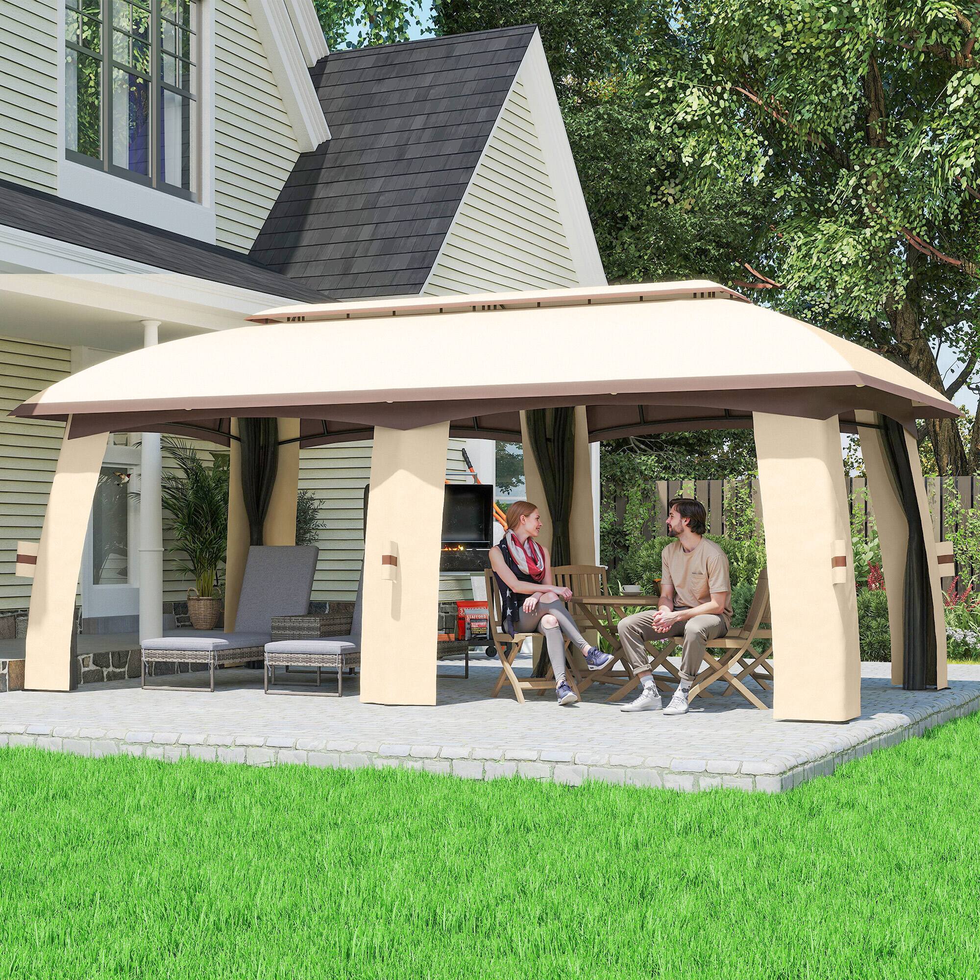 Angle. Outsunny - Patio Gazebo, Outdoor Gazebo Canopy Shelter with Netting, Vented Roof, Steel Frame for Garden, Lawn - Beige.