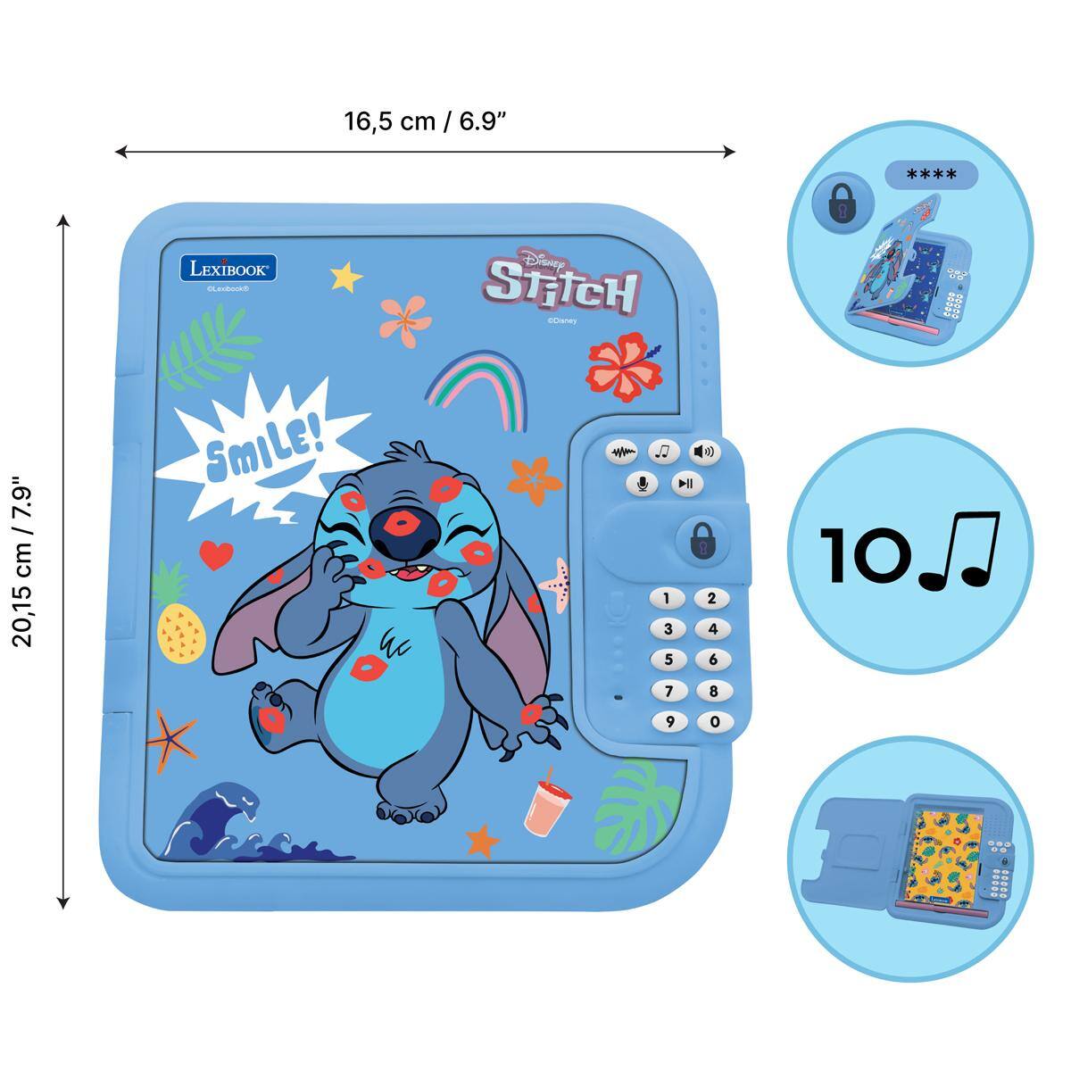 16,5 cm / 6.9"  
LEXIBOOK SLAuan Disney STATCH  
20,15 cm / 7.9"  
SmILE!  
1 2 3 4 5 6 7 8 9 0