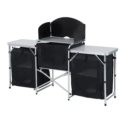 Front. Outsunny - Camping Kitchen Table, Aluminum Portable Outdoor Cooking Table, Fold-Up Cook Station with Windscreen - Black, White, Silver.
