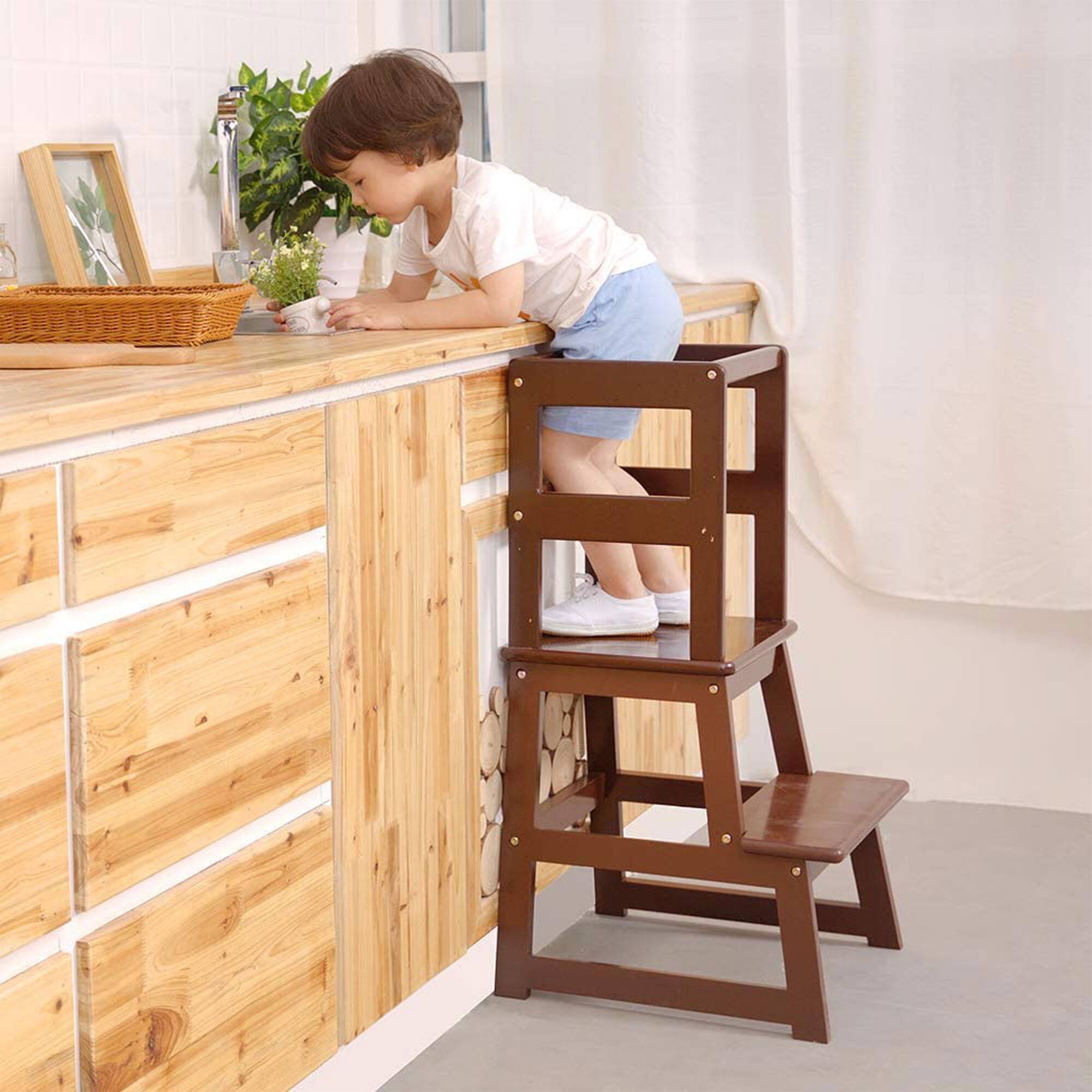 Alt View 3. SDADI - SDADI Kids Kitchen Step Stool Holds up to 150 Pounds with Safety Rail, Espresso - Espresso.