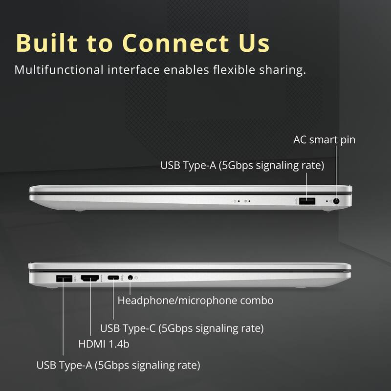 Built to Connect Us  
Multifunctional interface enables flexible sharing.  

- AC smart pin  
- USB Type-A (5Gbps signaling rate)  
- Headphone/microphone combo  
- USB Type-C (5Gbps signaling rate)  
- HDMI 1.4b  
- USB Type-A (5Gbps signaling rate)