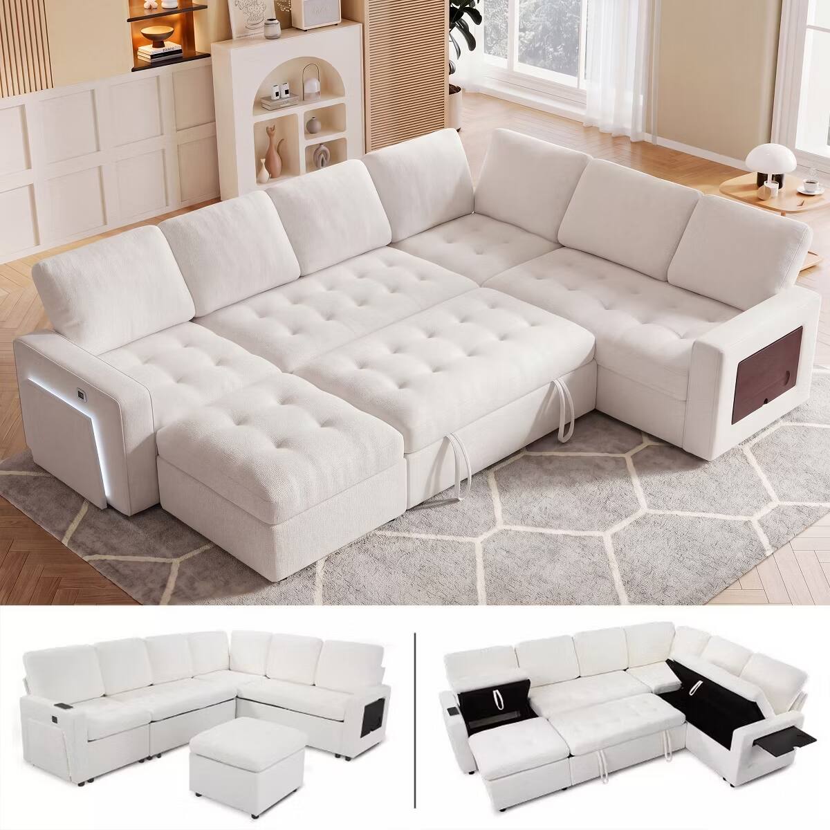 Front. Dyonery - 102" L-Shaped Sectional Sleeper Sofa Bed,Beige Chenille Pull Out Bed 7 Seat with Reclining Backrest,USB Ports,LED Light - Beige.