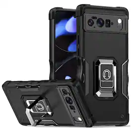 Kitcheniva - Ergonomic Grip Hybrid Case With 360° Ring Stand And Tempered Glass For Google Pixel 10 & Google Pixel 10 Pro - Black