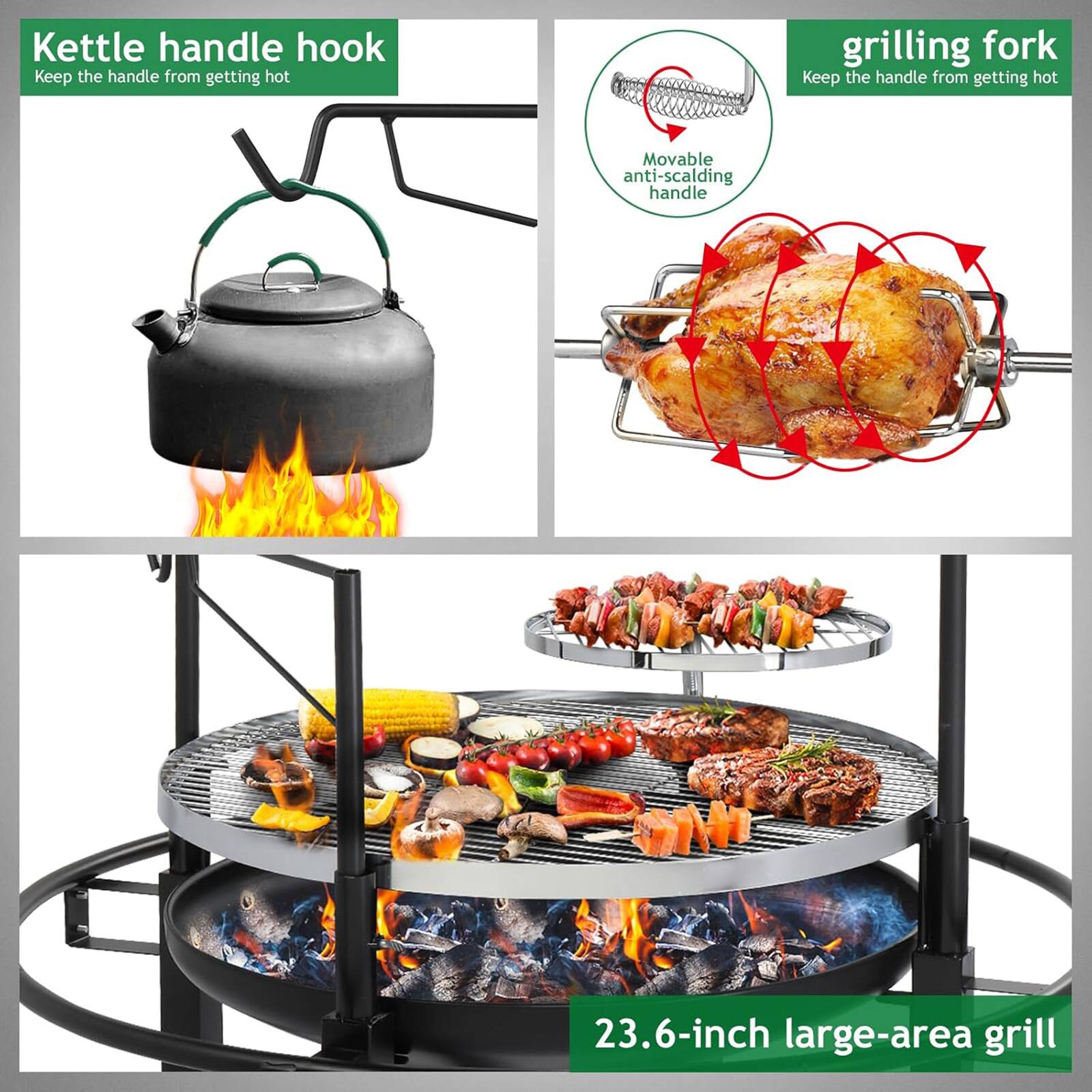 - Kettle handle hook
  - Keep the handle from getting hot

- Grilling fork
  - Keep the handle from getting hot
  - Movable anti-scalding handle

- 23.6-inch large-area grill