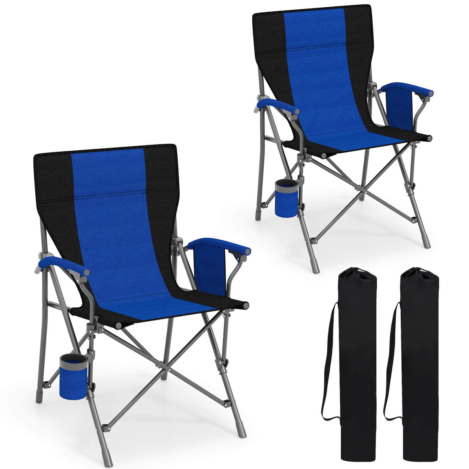 Costway - 2 PCS Folding Camping Chair for Adults Portable Lawn Chair with Cup Holder & Side Pocket - Navy