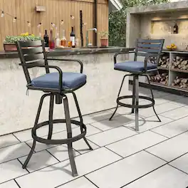 Crestlive Products - 2pc Cast Aluminum Black Frame Swivel Bar Stool Chair with SUNBRELLA Cushion - Blue-2PC
