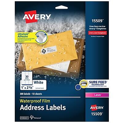 AVERY  
15509  

Free Easy-to-Use Avery Templates  
avery.com/templates  

Ultrahold Adhesive  
CURES TO AND STAYS ON SURFACES  

30 White 1" x 2 5/8" (25mm x 64mm)  
300 Labels - 10 Sheets  

Waterproof Film Address Labels  

SURE FEED  
DESIGNED FOR FEEDERS  

Laser  

AVERY  
15509