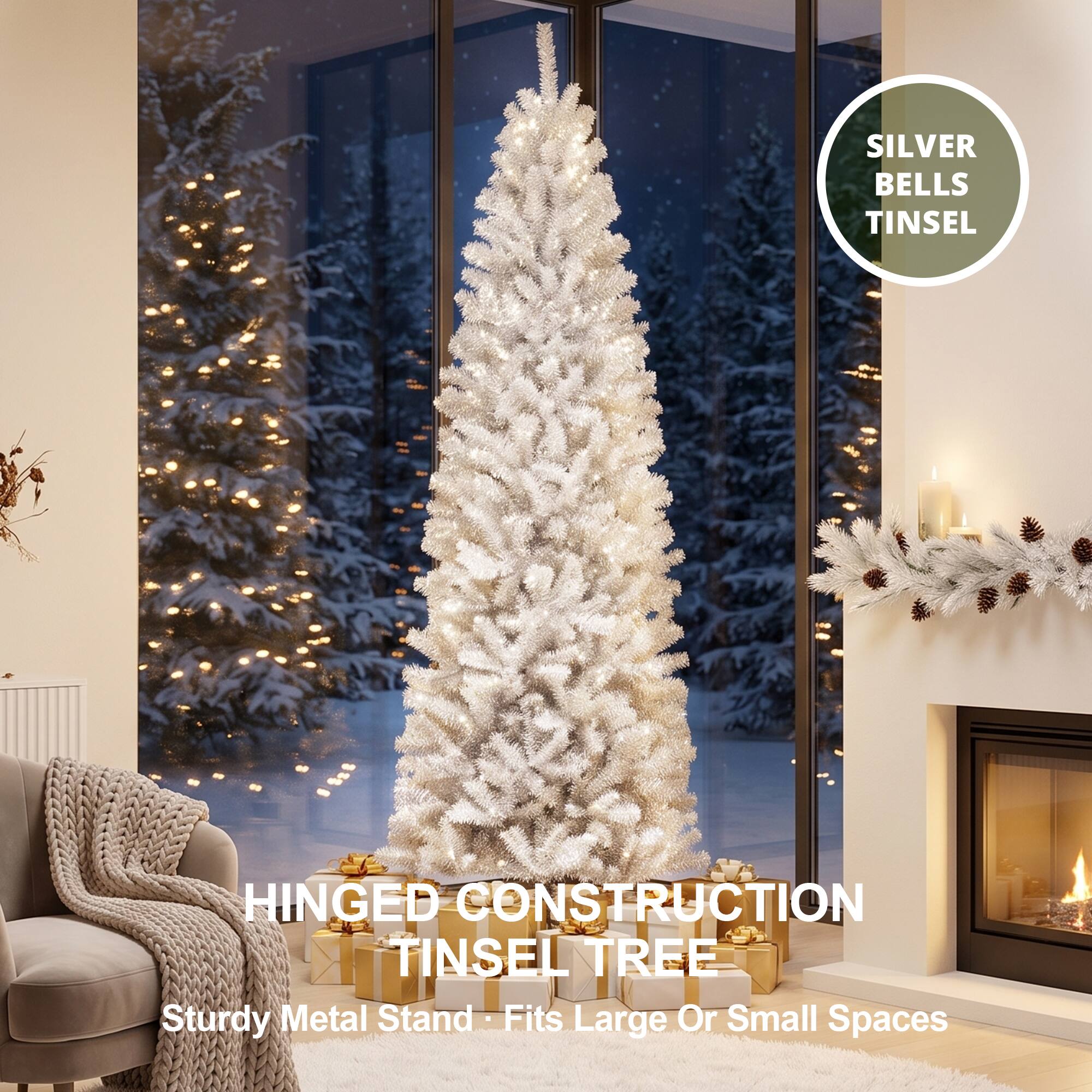 SILVER BELLS TINSEL  
HINGED CONSTRUCTION  
TINSEL TREE  
Sturdy Metal Stand - Fits Large Or Small Spaces