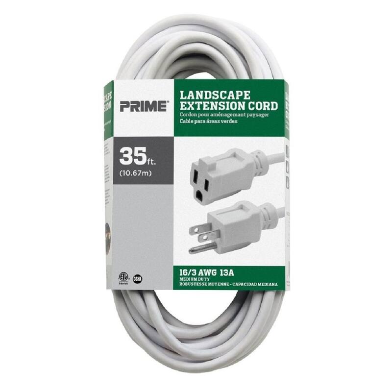 LANDSCAPE EXTENSION CORD  
Cordon pour aménagement paysager  
Cable para áreas verdes  

35 ft. (10.67m)  

16/3 AWG 13A  
MEDIUM DUTY  
ROBUSTESSE MOYENNE  
CAPACIDAD MEDIANA  

PRIME