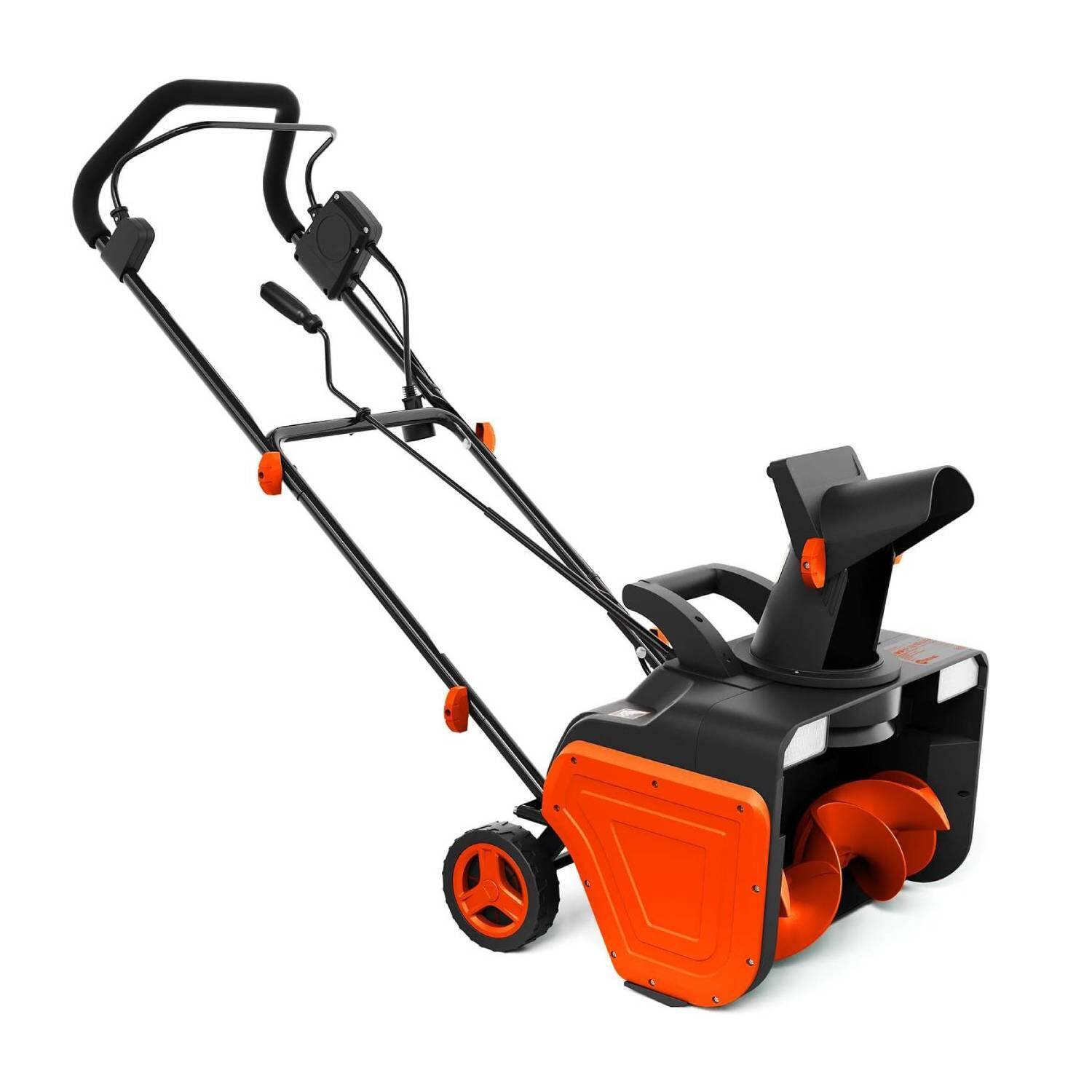 Front. Qeetex - 2200 Watt Corded Electric Snow Blower, with 33000 RPM for Walkway, Driveway, Sidewalk, Orange.