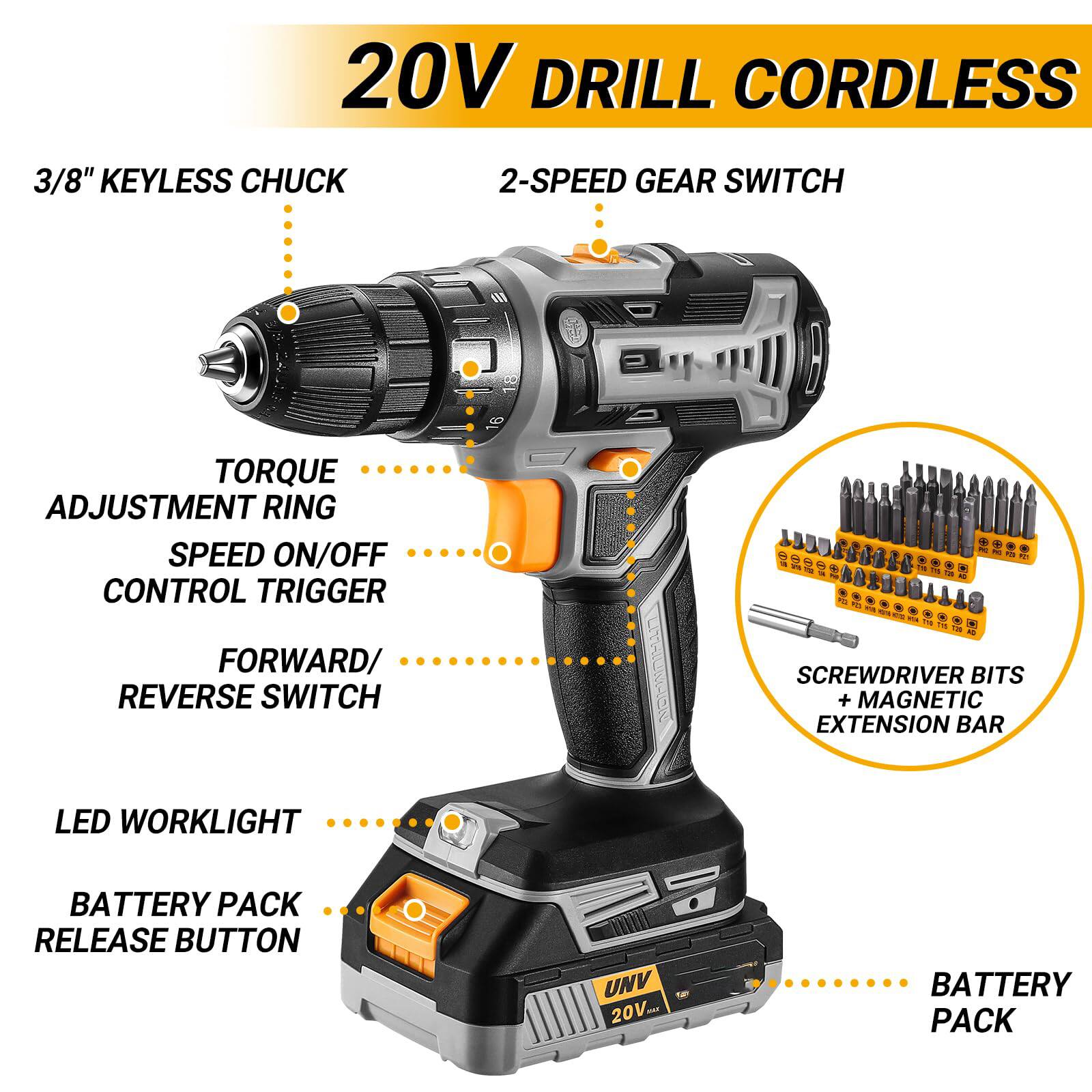 20V DRILL CORDLESS

- 3/8" KEYLESS CHUCK
- 2-SPEED GEAR SWITCH
- TORQUE ADJUSTMENT RING
- SPEED ON/OFF CONTROL TRIGGER
- FORWARD/REVERSE SWITCH
- LED WORKLIGHT
- BATTERY PACK RELEASE BUTTON
- SCREWDRIVER BITS + MAGNETIC EXTENSION BAR
- BATTERY PACK