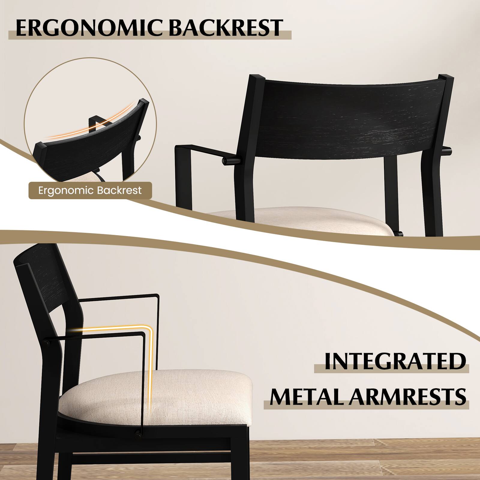 ERGONOMIC BACKREST, INTEGRATED METAL ARMRESTS
