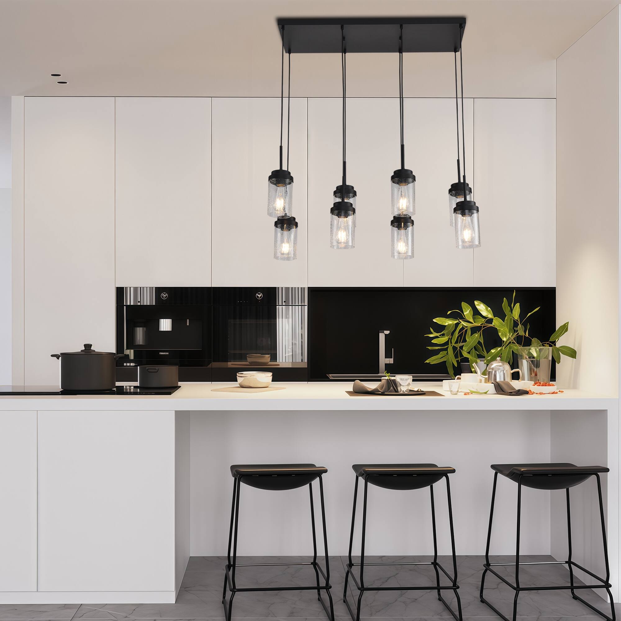 Angle. RYHNUYNE - 8 Lights Kitchen Island Lighting, Modern Black Linear Chandelier, Dining Room Light Fixture for Kitchen Bar - Black.