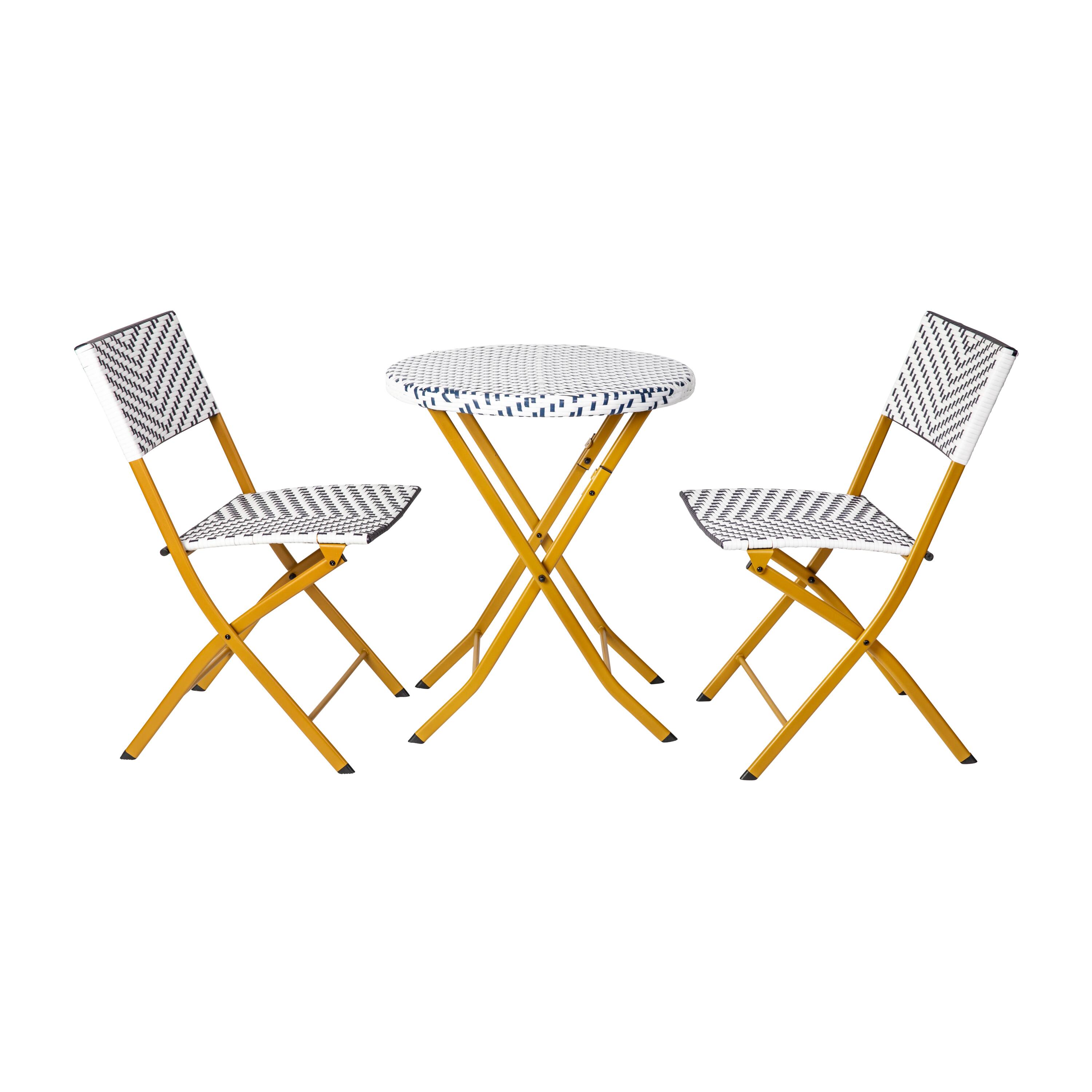 Front. Emma + Oliver - Ciel Three Piece Folding Bistro Set in PE Rattan with Metal Frames for Indoor and Outdoor Use - Navy & White.