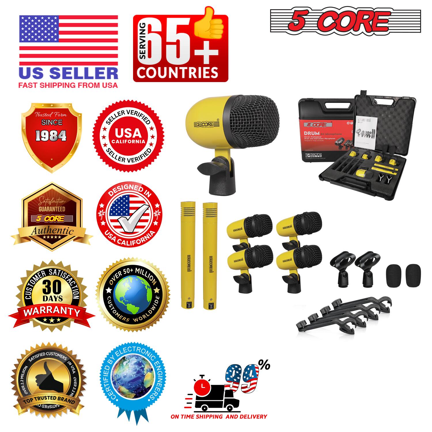 Sure, here is the corrected and grouped text from the image:

---

**US SELLER**  
FAST SHIPPING FROM USA

**SERVING 65+ COUNTRIES**

**5 CORE**  
Authentic  
DESIGNED IN USA CALIFORNIA  
SELLER VERIFIED  
TRUSTED SINCE 1984  
CUSTOMER SATISFACTION GUARANTEED  
30 DAYS WARRANTY  
OVER 50+ MILLION CUSTOMERS WORLDWIDE  
TOP TRUSTED BRAND  
CERTIFIED BY ELECTRONIC ENGINEERS  
ON TIME SHIPPING AND DELIVERY

---

**5 CORE**  
DRUM  
Microphone Kit

---

**5 CORE**  
Authentic  
DESIGNED IN USA CALIFORNIA  
SELLER VERIFIED  
TRUSTED SINCE 1984  
CUSTOMER SATISFACTION GUARANTEED  
30 DAYS WARRANTY  
OVER 50+ MILLION CUSTOMERS WORLDWIDE  
TOP TRUSTED BRAND  
CERTIFIED BY ELECTRONIC ENGINEERS  
ON TIME SHIPPING AND DELIVERY

---

**5 CORE**  
Authentic  
DESIGNED IN USA CALIFORNIA  
SELLER VERIFIED  
TRUSTED SINCE 1984  
CUSTOMER