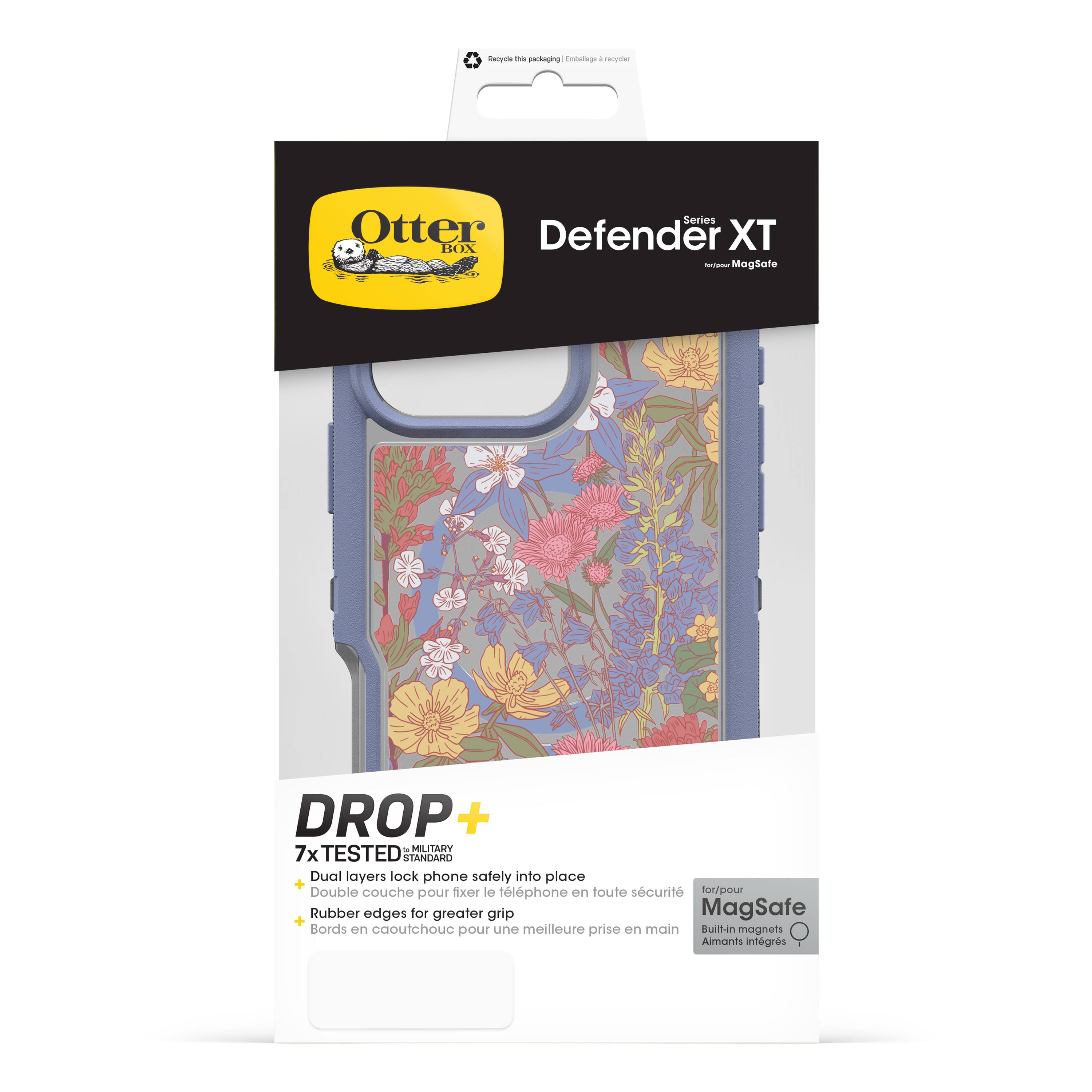 The image features a product called the Otter Defender XT, which is a case for iPhones. The case is designed to protect the phone from drops and impacts, as it has been tested to withstand 7-foot drops. The case is made of two layers, with a rubber edge for better grip and a built-in magnet for attaching the case to a MagSafe charger. The case also features a floral design, adding a touch of style to its protective function.