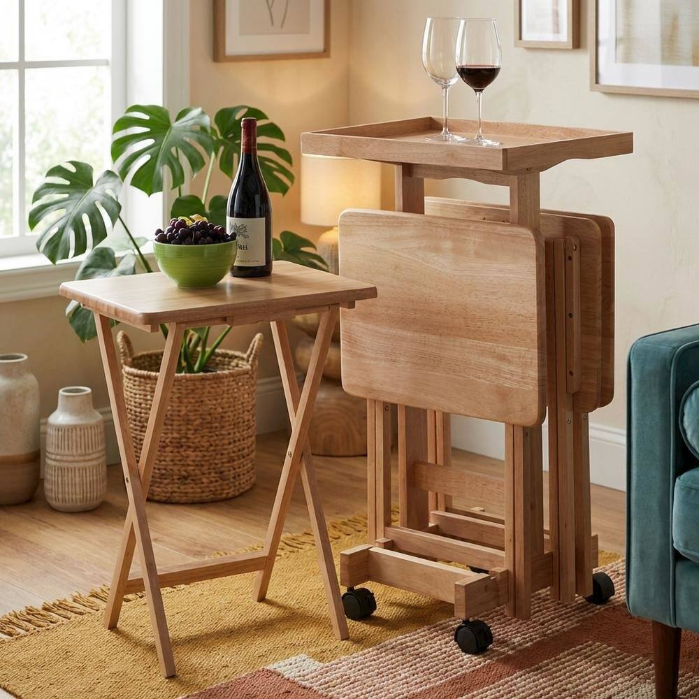 Alt View 3. FurniFact - Natural Wood 6 Piece TV Trays Set With Folding Snack Tables And Mobile Stand - Natural.
