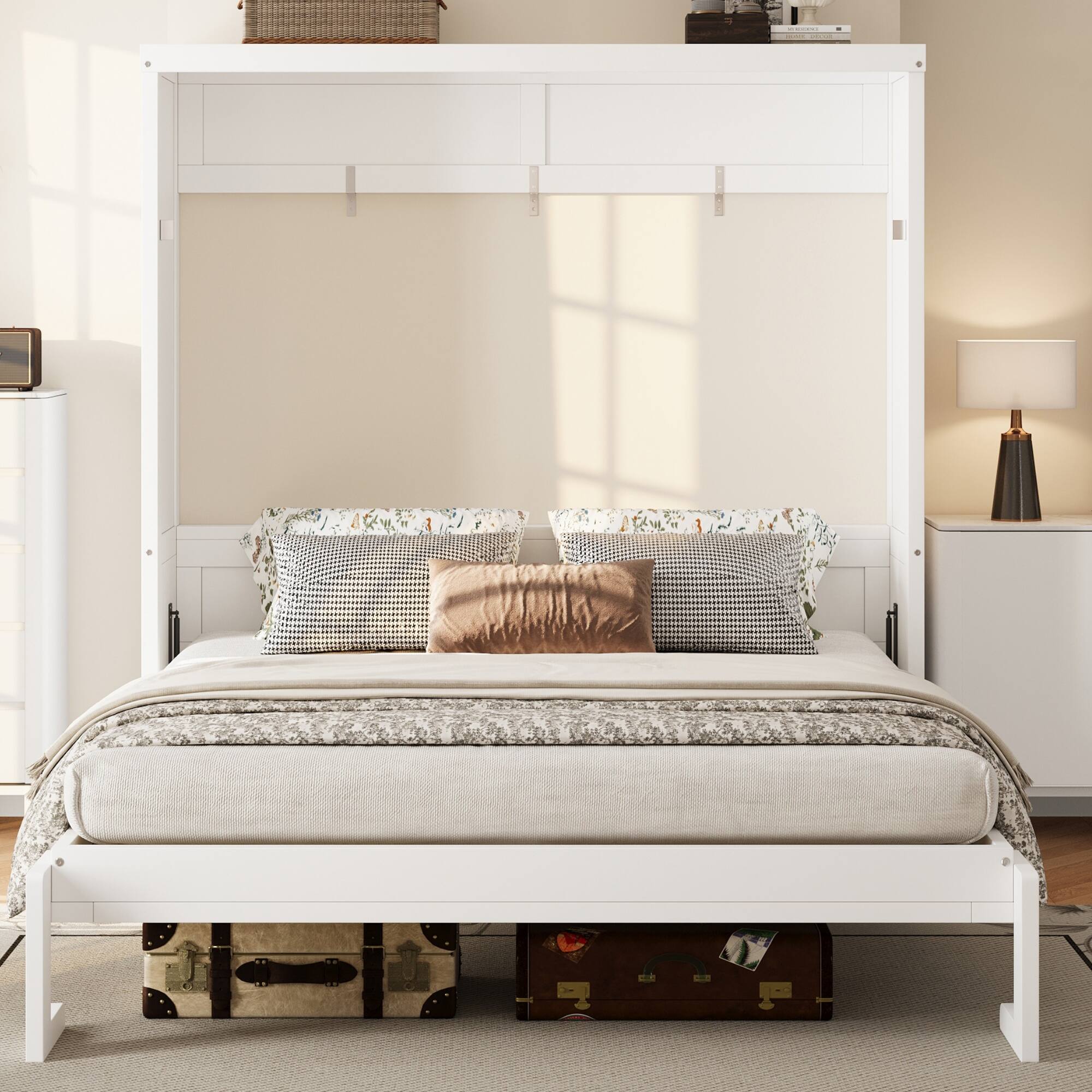 Angle. Whisen - Full Size Murphy Bed with Cabinet, Wood & MDF Foldable Guest Bed, Space-Saving Furniture - White.