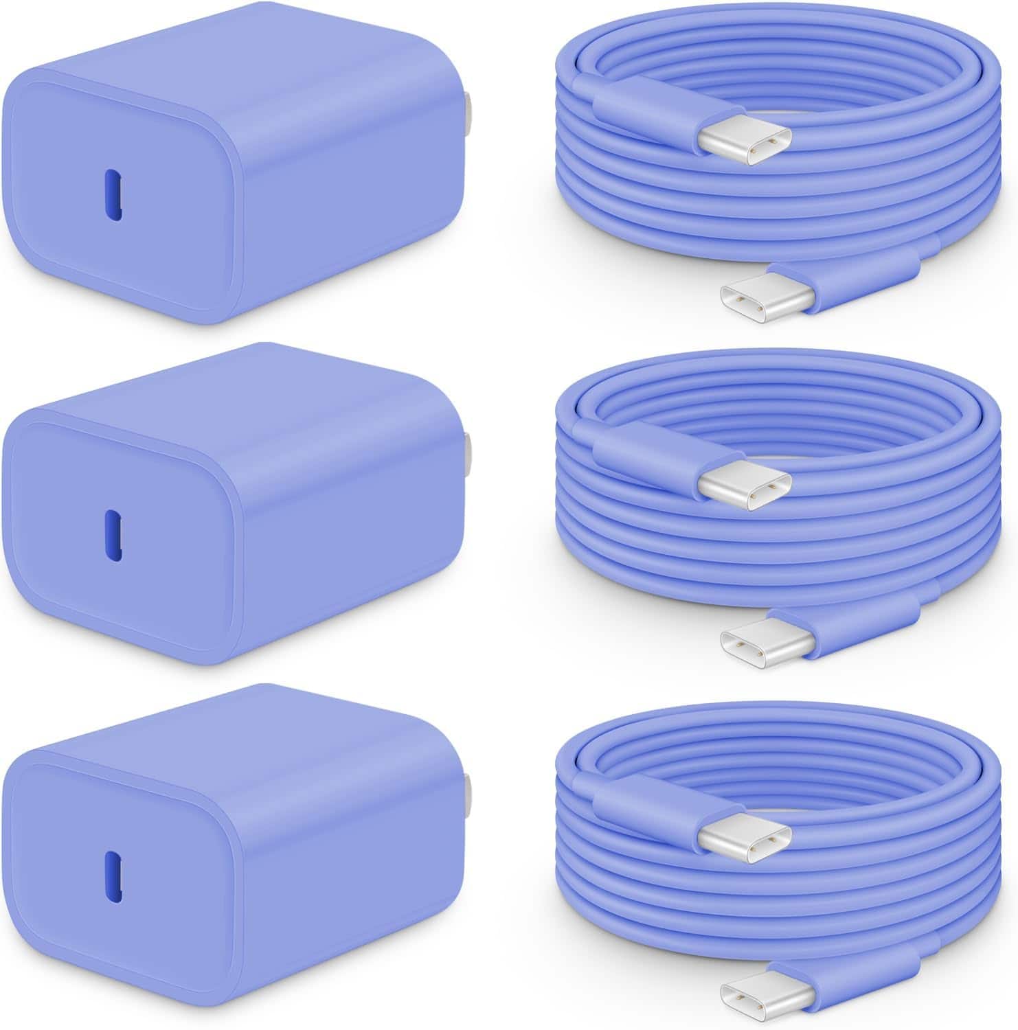 Bundle - Core Tech - 3-Pack 20W USB-C Fast Wall Chargers with 6 ft USB-C to USB-C Cables for iPhone 18/17/16/15 - Ultramarine - Ultramarine