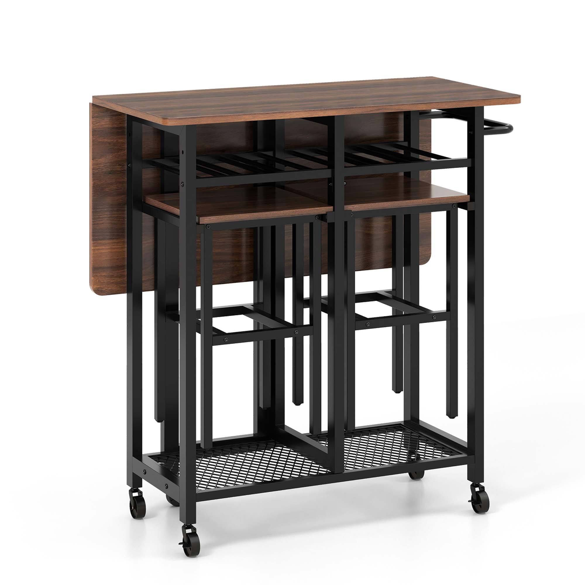 Alt View 17. Costway - 3 PCS Rolling Dining Table Set Extendable Kitchen Table 2 Stools with Wine Rack Rustic Brown - Rustic Brown and Black.