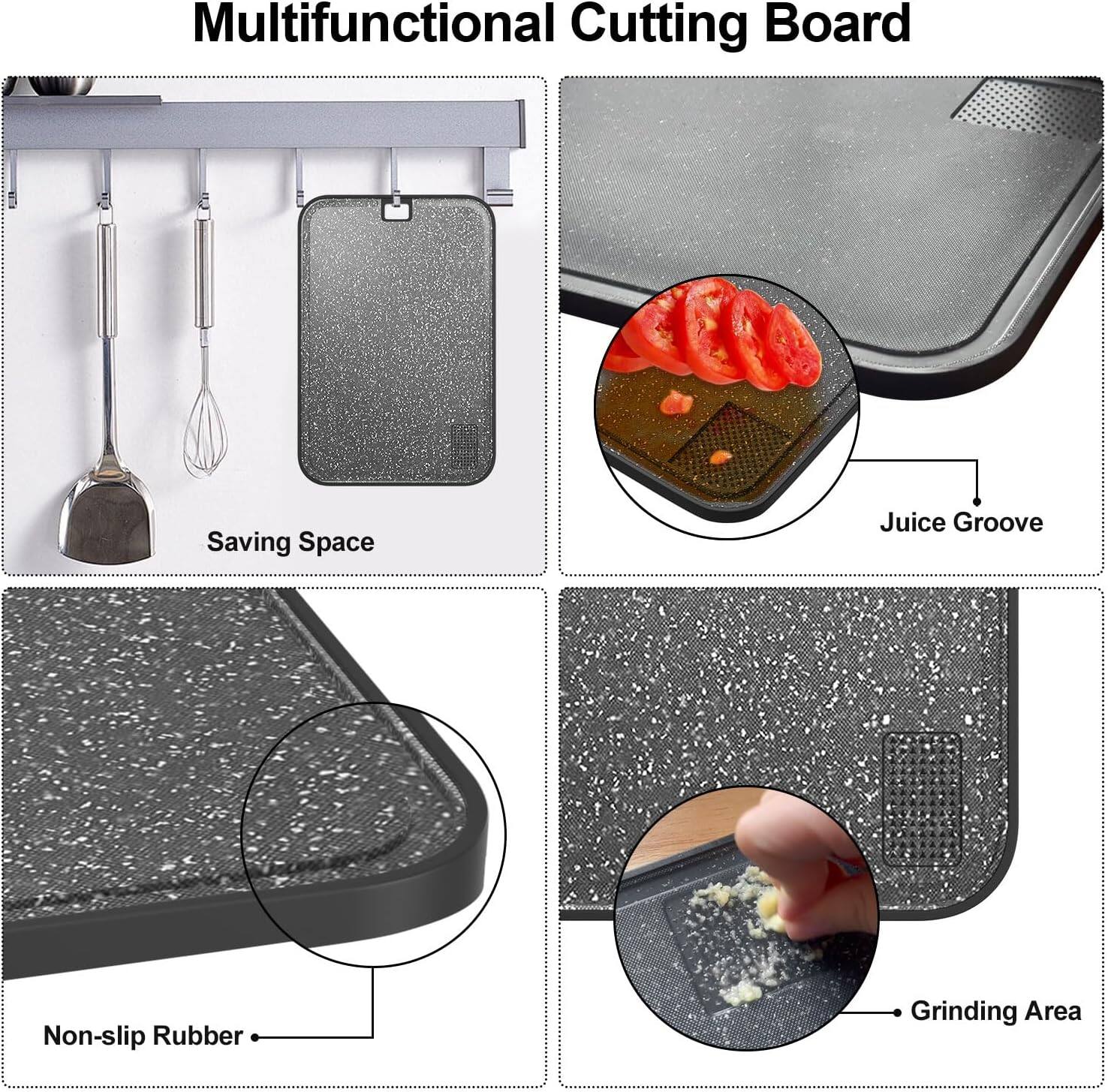 Multifunctional Cutting Board

- Saving Space
- Juice Groove
- Non-slip Rubber
- Grinding Area