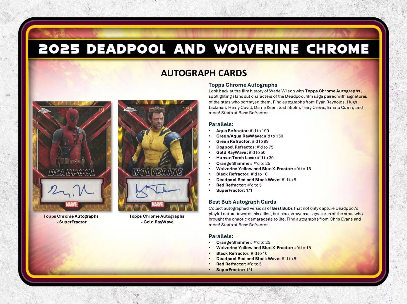 2025 DEADPOOL AND WOLVERINE CHROME AUTOGRAPH CARDS

Topps Chrome Autographs
Look back at the film history of Wade Wilson with Topps Chrome Autographs, spotlighting standout characters of the Deadpool film saga paired with signatures of the stars who portrayed them. Find autographs from Ryan Reynolds, Hugh Jackman, Henry Cavill, Dafne Keen, Josh Brolin, Terry Crews, Emma Corrin, and more! Starts at Base Refractor.

DEADPOOL WOLVERINE Parallels:
- Aqua Refractor: #’d to 199
- Green/Aqua RayWave: #’d to 150
- Green Refractor: #’d to 99
- Dogpool Refractor: #’d to 75
- Gold RayWave: #’d to 50
- Human Torch Lava: #’d to 39
- Orange Shimmer: #’d to 25
- Wolverine Yellow and Blue X-Fractor: #’d to 15
- Black Refractor: #’d to 10
- Deadpool Red and Black Wave: #’d