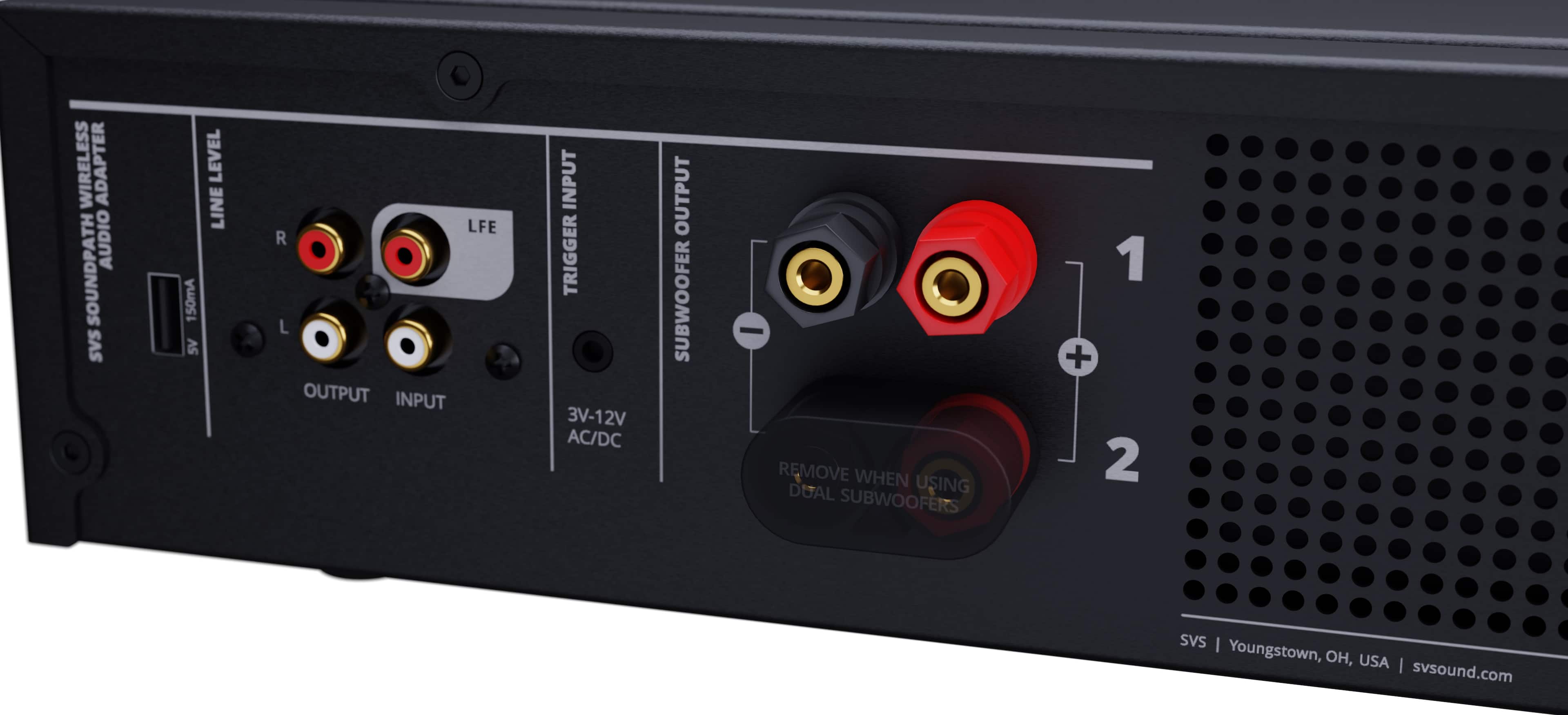 Wireless Adapter SoundPath Audio SAS Level Line 150mA AS LFE R L Output Input Input Trigger 3V-12V AC/DC Output Subwoofer - Remove when dual using subwoofers 1 + 2 SVS | Youngstown, OH, USA | svsound.com