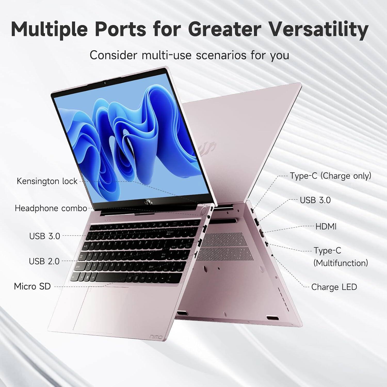 Multiple Ports for Greater Versatility  
Consider multi-use scenarios for you  

- Kensington lock  
- Headphone combo  
- USB 3.0  
- USB 2.0  
- Micro SD  
- Type-C (Charge only)  
- USB 3.0  
- HDMI  
- Type-C (Multifunction)  
- Charge LED