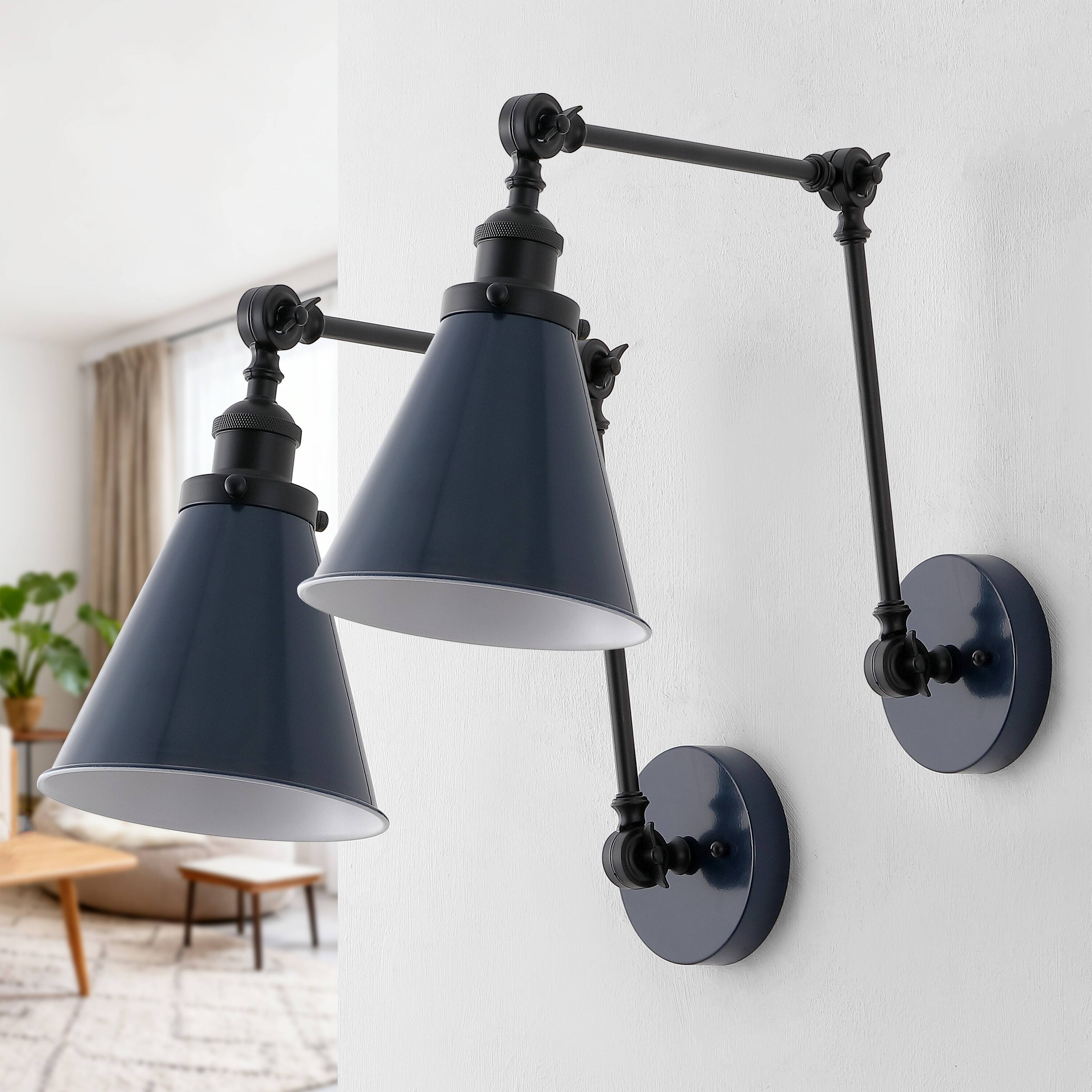 Alt View 8. Jonathan Y - Rover 7" Classic Industrial Metal Adjustable Arm LED Wall Sconce, Navy/Black (Set of 2) - Navy/Black.