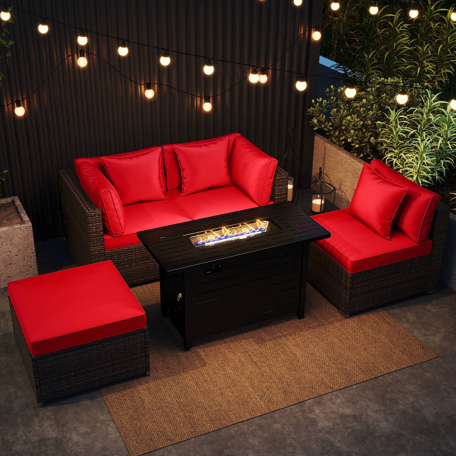 Alt View 3. Costway - Costway 5 PCS Patio Furniture Set Heavy-duty Frame Sofa Set with 60,000 BTU Firepit Table - Red.